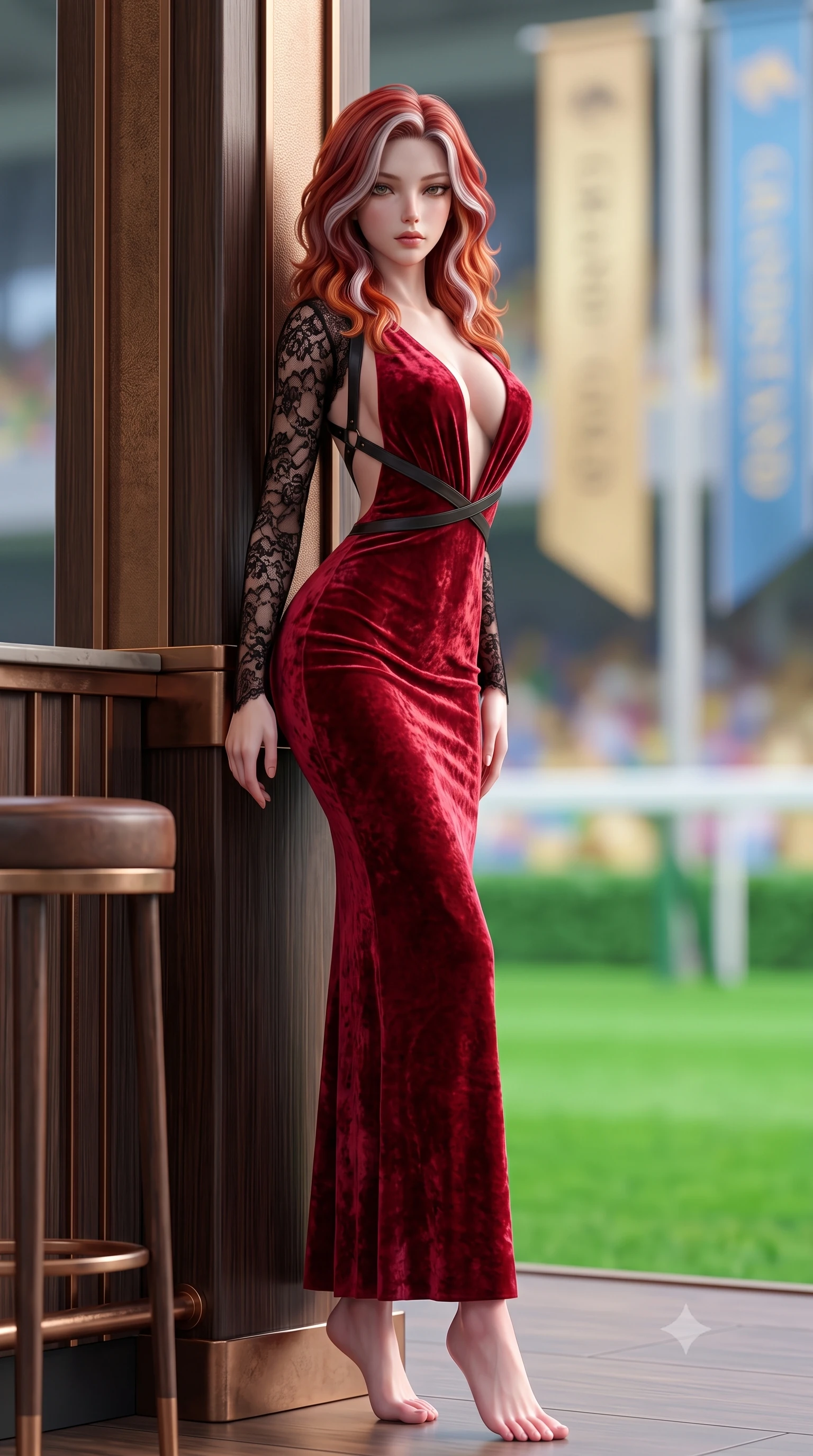 score_9, masterpiece, best quality, ultra-detailed, high-budget anime keyframe, semi-realistic 3D game render, editorial fashion photography, tasteful artistic composition, Caucasian woman. low angle full-body shot from head to toe showing her feet, filling the entire 9:16 vertical frame with her statuesque presence, stretching her vertical silhouette. leaning deep against the structural architecture with hips cocked in an unapologetically bold, seductive high-fashion stance while twisting her slender torso in an assertive contrapposto stance beside the private turf bar, her form-contouring riding suit sculpting her feminine hourglass lines. The composition keeps background elements in soft focus with creamy bokeh. emerald green turf racetracks and towering grandstand banners blurred into vibrant clover, champagne-gold, and sky-blue bokeh. She has an exceptionally tall and slender model-like 8.5-heads proportion, an ultra-slim waist, a flat toned midriff, narrow delicate ribcage, and beautifully sculpted feminine hips creating a graceful, slim hourglass silhouette without any bulky heaviness, with impossibly long slender legs. sharp v-shaped jawline, high-bridge nose, intricate jewel-like eyes with depth, thick eyelashes, glossy parted lips with a natural sheen, intensely captivating and seductive bedroom-eyes expression, flawlessly proportioned anatomical accuracy, strict slender model proportions, natural body alignment, perfectly sculpted long slender limbs, ultra-slim waistline, clean dynamic posture without body distortion. wearing a plunging-V neckline crushed crimson velvet opera gown with delicate black lace sleeves and bare back in phantom obsidian black and blood-red velvet, made of fluid silk crepe with delicate inner corsetry boning, featuring an open-back criss-cross harness strap in dark leather, the second-skin form-contouring cut accentuating her sculpted flat midriff, narrow delicate ribcage, and gracefully curvy hips with supermodel precision. surrounded by an untouchable, elite, and irresistibly prestigious equestrian heiress aura. highly saturated vibrant anime colors, detailed shading with soft gradients, rich glossy textures, high-contrast stereoscopic depth, volumetric dynamic lighting, master piece, 9:16 ratio