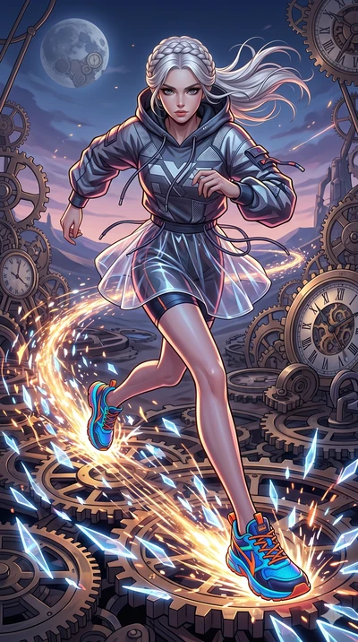 score_9, masterpiece, best quality, ultra-detailed, Set A: High-budget Anime Keyframe, Caucasian (strictly human ears) woman. Low angle cowboy shot filling the entire 9:16 frame with her statuesque presence. Sprinting through a clockwork desert, as t
