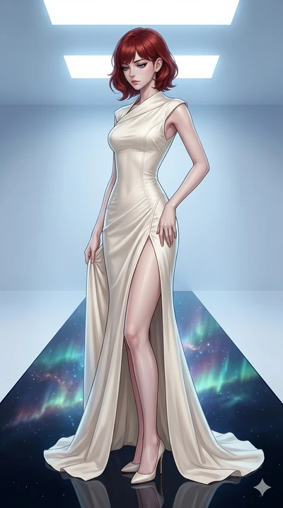score_9, masterpiece, best quality, ultra-detailed, high-budget anime keyframe, editorial fashion photography, tasteful artistic composition, Caucasian woman, strictly human ears. cowboy shot from the thighs up, character and outfit filling the frame
