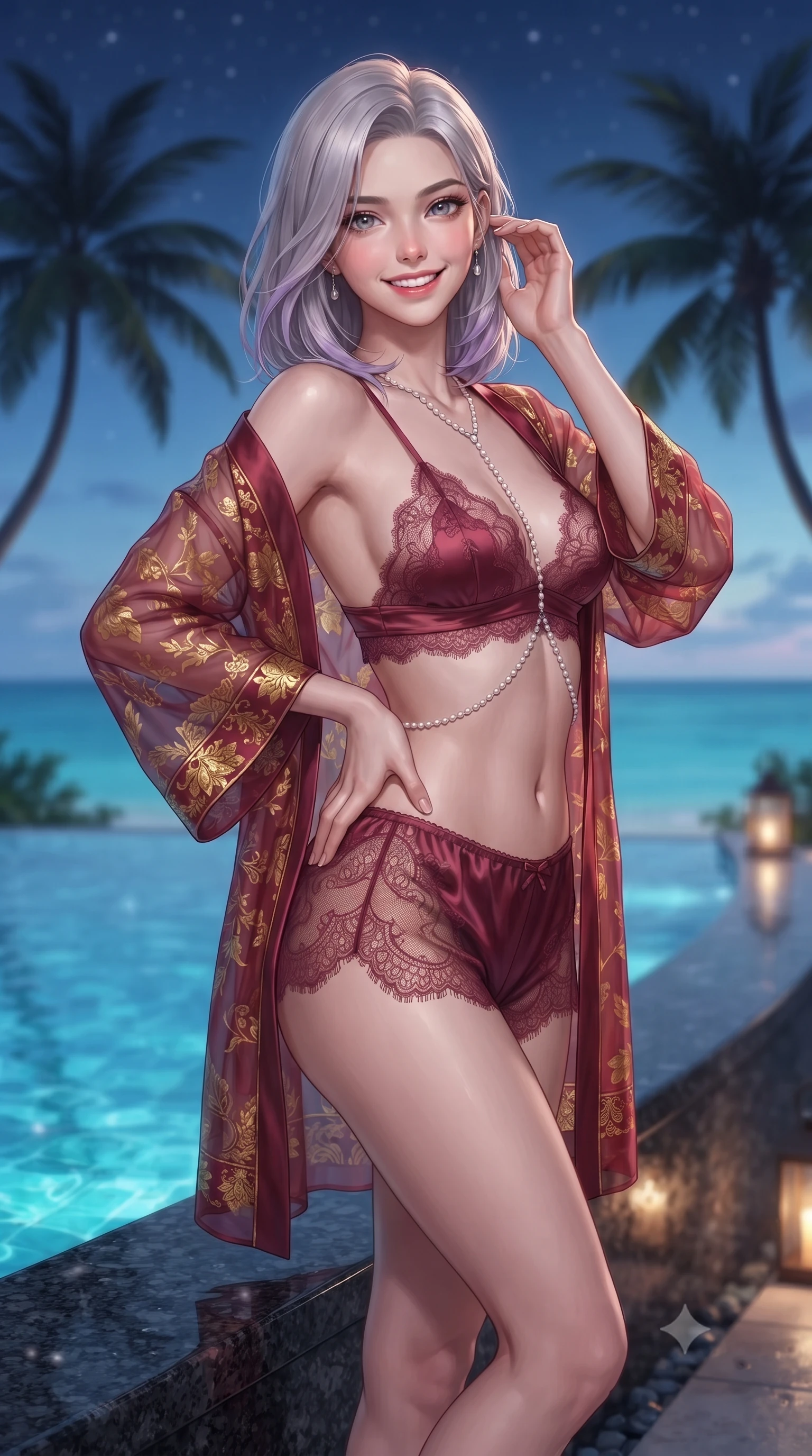 score_9, masterpiece, best quality, ultra-detailed, high-budget anime keyframe, editorial fashion photography, tasteful artistic composition, Caucasian woman. close-up cowboy shot from the waist and thighs up, the character dominates the composition, filling the frame with her large presence. twisting her slender torso in an alluring contrapposto stance, one hand resting on her sculpted hip while her fingers toy with her hair with effortless poise while standing poised on the wet black granite coping of the beachfront infinity pool where water blends seamlessly into the ocean, arching her lower back with siren charisma. The background shows a soft-focus infinite turquoise ocean horizon, silhouettes of curved coconut palms against twilight stars, and coral reef breaks blurred into cyan, sapphire, and diamond bokeh. She has an exceptionally elegant, slender, and willowy female figure with an ultra-slim waist, flat toned midriff, narrow ribcage, and sculpted feminine hips creating an alluring, slim hourglass silhouette without bulk. sharp v-shaped jawline, high-bridge nose, intricate jewel-like sparkling eyes with depth, thick eyelashes, glossy parted lips with a natural peach sheen, bright cheerful beaming smile with an enchanting and coquettish sensual glint, exuding both youthful cute charm and seductive allure, flawlessly proportioned anatomical accuracy, strict slender model proportions, natural body alignment, perfectly sculpted long slender limbs, ultra-slim waistline, clean dynamic posture without body distortion. wearing a sheer silk organza modern caftan robe worn loose and slipping off bare shoulders over a matching satin bralette and micro-shorts in Bohemian Prague garnet ruby and antique 24k gold leaf, made of delicate semi-sheer French Chantilly lace with intricate eyelash edges, accented with a pearl-drop body harness subtly framing her dewy collarbones and spine, the bespoke structured tailoring following the natural line of her 8.5-heads silhouette with refined elegance. bathed in underwater pool sapphire LEDs mixed with warm 2800K deck lanterns and clear tropical starlight. ultra-reflective glossy finish, specular highlights, rich textural contrasts, high-contrast stereoscopic depth, volumetric dynamic lighting, 2k, ultra detail, master piece, 9:16 ratio