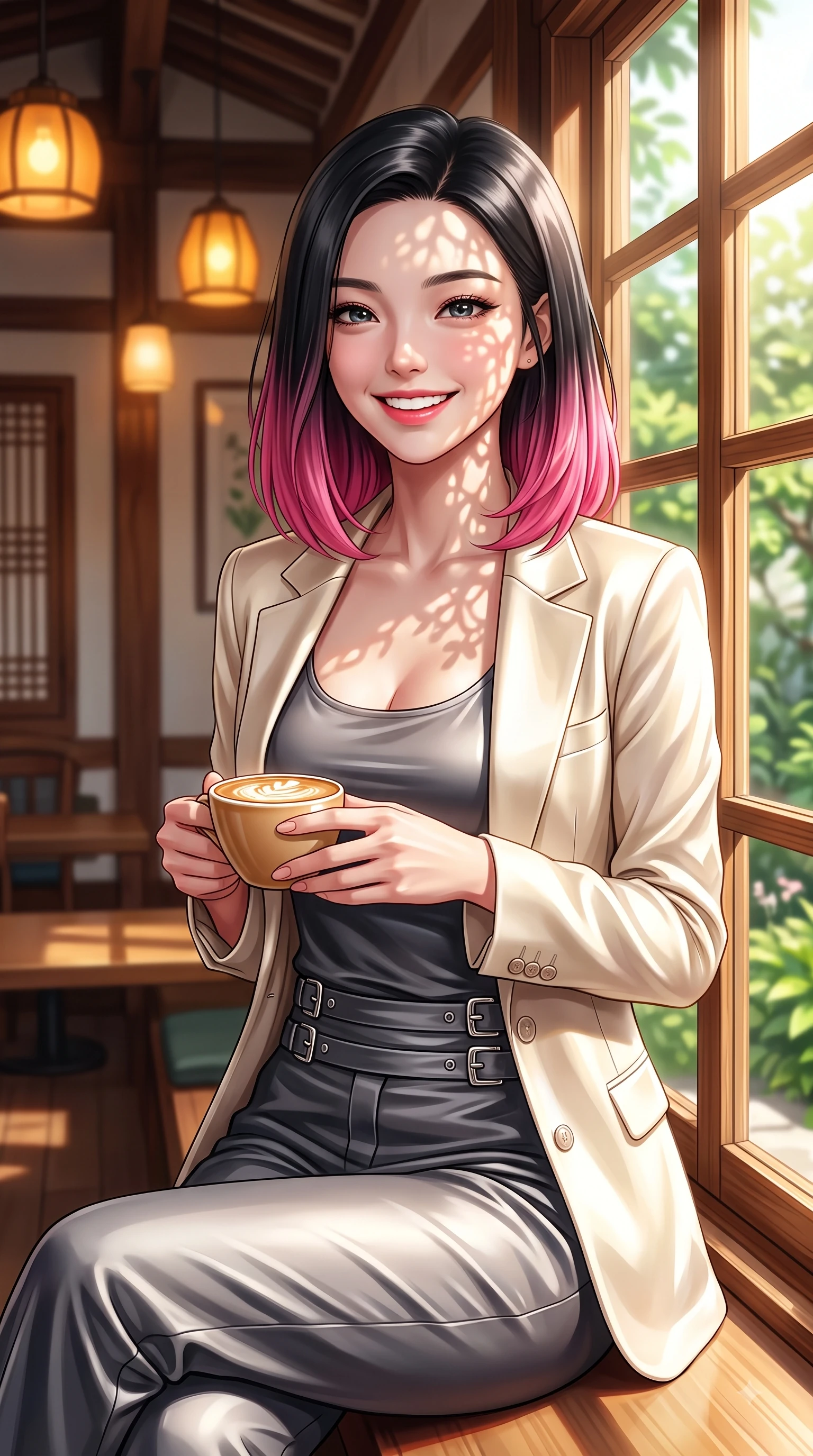 score_9, masterpiece, best quality, ultra-detailed, high-budget anime keyframe, editorial fashion photography, tasteful artistic composition, Korean woman. close-up cowboy shot from the waist and thighs up, the character dominates the composition, filling the frame with her large presence, background elements kept in soft focus. Youthful bright smile exuding pure cute charm and fresh energy, her torso turning dynamically into the lens while sitting by a sunlit wooden window inside a cozy Samcheong-dong cafe, holding a warm latte cup, lush green garden leaves outside casting delicate organic stencil shadows across her face. She has an exceptionally elegant, slender, and willowy female figure with an ultra-slim waist, a gracefully sculpted slender torso, and a refined silhouette. sharp v-shaped jawline, high-bridge nose, intricate jewel-like eyes with depth, thick eyelashes, glossy lips with a natural sheen, flawlessly proportioned anatomical accuracy, natural body alignment, perfectly sculpted elegant limbs, clean dynamic posture without body distortion. wearing a tailored cream silk blazer over a form-contouring scoop-neck top and slacks in charcoal grey and platinum, crafted from lustrous satin jersey with fluid draping, detailed with polished silver buckles along the waistline, the elegant draped fit framing her graceful clavicle and slender torso. illuminated by soft glowing amber indoor lamps and gentle greenery reflections. highly saturated vibrant anime colors, detailed shading with soft gradients, rich glossy textures, high-contrast stereoscopic depth, volumetric dynamic lighting, master piece, 9:16 ratio