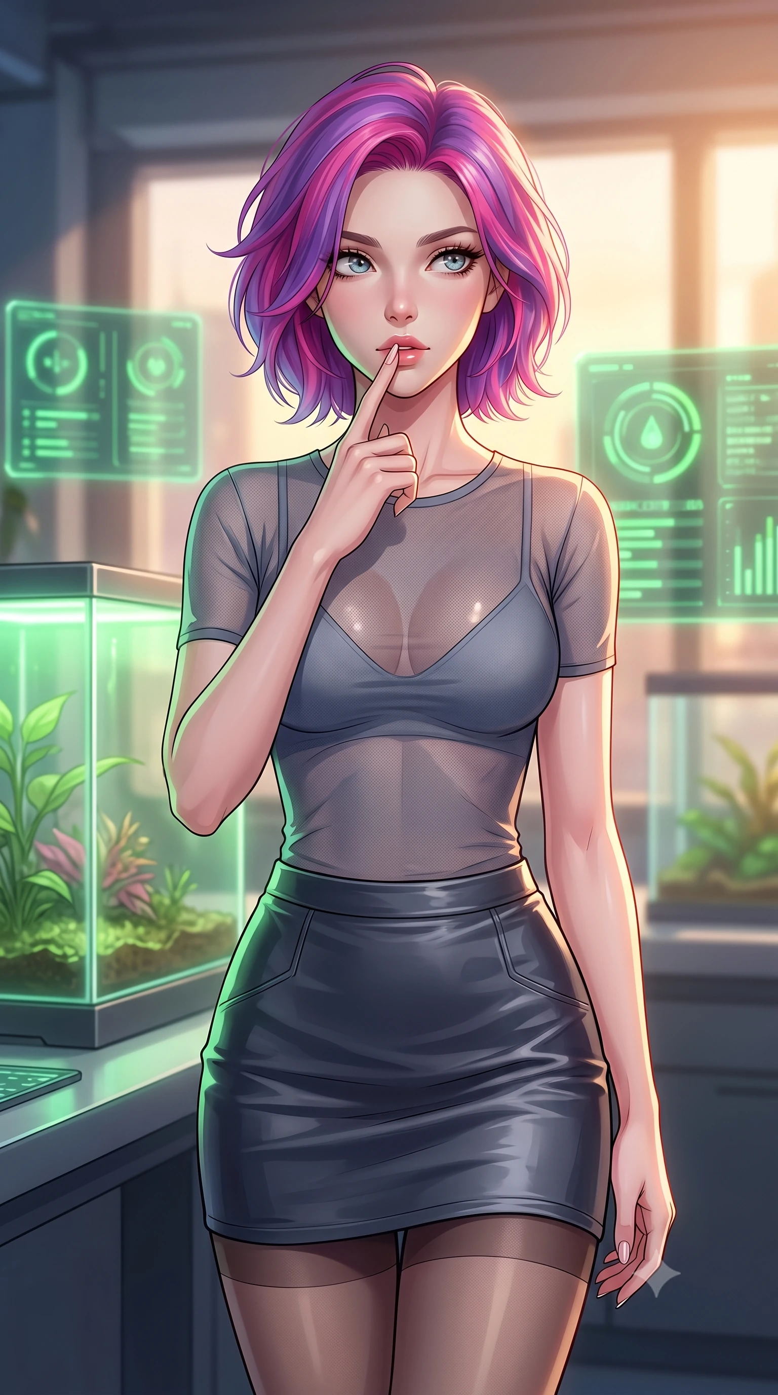 score_9, masterpiece, best quality, ultra-detailed, high-budget anime keyframe, tasteful artistic composition, Caucasian woman. close-up cowboy shot from the waist and thighs up, the character dominates the composition, filling the frame with her large presence, background elements kept in soft focus. pressing one finger to her bottom lip in a thoughtful, seductive gesture under the warm sun the background shows a soft-focus a futuristic plant laboratory with glass terrariums and pulsing green indicators. She has an exceptionally elegant, slender, and willowy female figure with an ultra-slim waist, a gracefully sculpted slender torso, and a refined silhouette. sharp v-shaped jawline, high-bridge nose, intricate jewel-like eyes with depth, thick eyelashes, glossy lips with a natural sheen. wearing a form-contouring semi-transparent mesh top in slate grey, paired with a leather mini skirt and sheer stockings. soft green glow radiating from the terrariums onto her sharp jawline. highly saturated vibrant anime colors, cel-shading, 2d style, master piece, 9:16 ratio