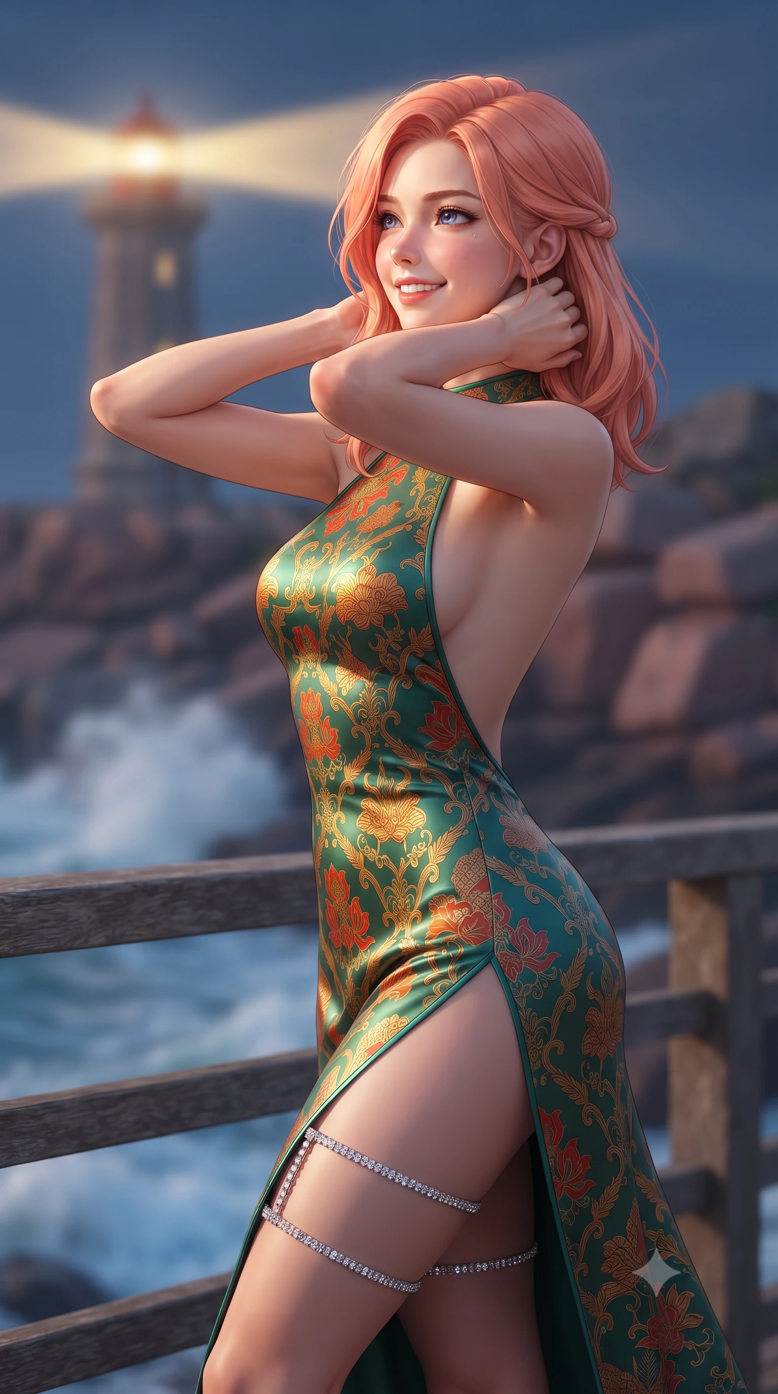 score_9, masterpiece, best quality, ultra-detailed, high-budget anime keyframe, editorial fashion photography, tasteful artistic composition, Japanese woman. close-up cowboy shot from the waist and thighs up, the character dominates the composition, filling the frame with her large presence. resting both hands lightly behind her neck with elbows raised, arching her spine to highlight her narrow waist, flat midriff, and breathtaking collarbones while standing poised on the timber observation deck beside the colossal natural pink granite boulders, arching her spine with siren allure as ocean waves crash below. The background shows a soft-focus sweeping golden beacon beam of the historic lighthouse, foaming Atlantic ocean breakers, and pink granite rock formations blurred into rose gold, cyan, and navy bokeh. She has an exceptionally elegant, slender, and willowy female figure with an ultra-slim waist, flat toned midriff, narrow ribcage, and sculpted feminine hips creating an alluring, slim hourglass silhouette without bulk. sharp v-shaped jawline, high-bridge nose, intricate jewel-like sparkling eyes with depth, thick eyelashes, glossy parted lips with a natural peach sheen, bright cheerful beaming smile with an enchanting and coquettish sensual glint, exuding both youthful cute charm and seductive allure, flawlessly proportioned anatomical accuracy, strict slender model proportions, natural body alignment, perfectly sculpted long slender limbs, ultra-slim waistline, clean dynamic posture without body distortion. wearing a backless halterneck cocktail dress with deep scoop back down to her lower spine and thigh-high slit in Tanjong Pagar Peranakan jade green and gilded vermilion, woven from buttery-soft stretch lambskin leather adhering to her body like a second skin, finished with delicate crystal-encrusted thigh garter straps glinting in the dim light, the second-skin tailored fabric adhering flawlessly to her sculpted flat midriff and slender torso, emphasizing her long leg lines and perfectly proportioned willowy build. bathed in periodic sweeping golden lighthouse lamp beams contrasted with deep navy ocean ambient and moonlight. ultra-reflective glossy finish, specular highlights, rich textural contrasts, high-contrast stereoscopic depth, volumetric dynamic lighting, 2k, ultra detail, master piece, 9:16 ratio
