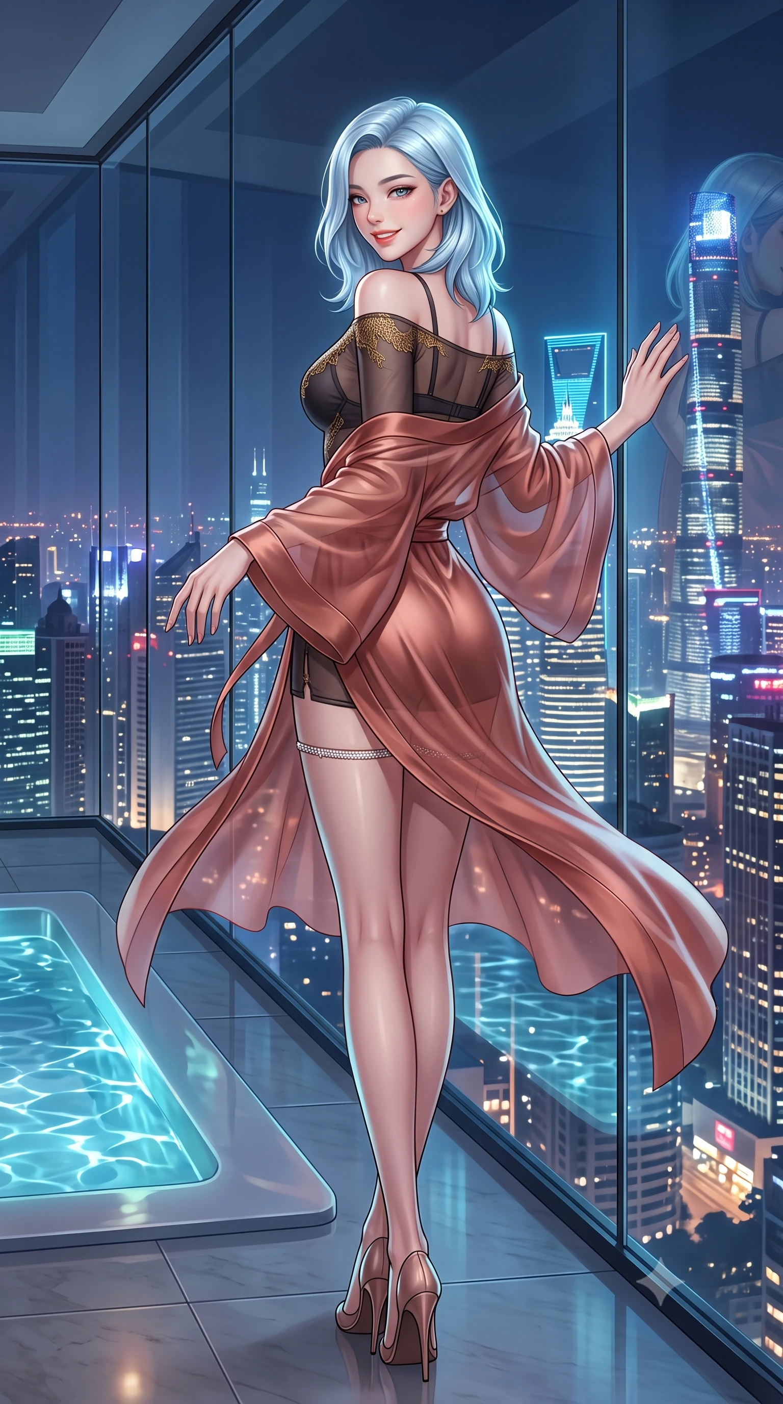 score_9, masterpiece, best quality, ultra-detailed, high-budget anime keyframe, semi-realistic 3D game render, editorial fashion photography, tasteful artistic composition, Korean woman. low angle full-body shot from head to toe showing her feet, filling the entire 9:16 vertical frame with her statuesque presence, stretching her vertical silhouette. executing a slow, graceful pivot turn as her skirt sways around her slender legs, glancing back with an enchanting, teasing sensual expression while leaning against the frameless panoramic glass wall with hips cocked back, casting an alluring bedroom-gaze over the endless sea of Shanghai skyscrapers. The surrounding environment is rendered in vivid detail and crisp panoramic clarity: detailed off-the-shoulder sheer illusion mesh evening bodysuit, gold dragon-scale embroidery, and high-tech architecture in razor-sharp precision. She has an exceptionally tall and slender model-like 8.5-heads proportion, an ultra-slim waist, a flat toned midriff, narrow delicate ribcage, and beautifully sculpted feminine hips creating a graceful, slim hourglass silhouette without any bulky heaviness, with impossibly long slender legs. sharp v-shaped jawline, high-bridge nose, intricate jewel-like sparkling eyes with depth, thick eyelashes, glossy parted lips with a natural peach sheen, bright cheerful beaming smile with an enchanting and coquettish sensual glint, exuding both youthful cute charm and seductive allure, flawlessly proportioned anatomical accuracy, strict slender model proportions, natural body alignment, perfectly sculpted long slender limbs, ultra-slim waistline, clean dynamic posture without body distortion. wearing an ethereal translucent silk chiffon yukata robe slipping off bare shoulders over a strappy underwire bralette and micro-shorts in sultry copper rose and deep shadow charcoal, crafted from fluid liquid silk satin that clings smoothly to her narrow waist and rounded hips with a dewy sheen, finished with delicate crystal-encrusted thigh garter straps glinting in the dim light, the liquid-tight tailored fabric clinging flawlessly to her narrow waist and rounded feminine hips, emphasizing every millimeter of her sculpted slim hourglass curves without any bulky heaviness. illuminated by tub water caustics bounce and sharp platinum-cyan rim lights sculpting her jawline, narrow waist, and curvy hips. highly saturated vibrant anime colors, detailed shading with soft gradients, rich glossy textures, high-contrast stereoscopic depth, volumetric dynamic lighting, master piece, 9:16 ratio