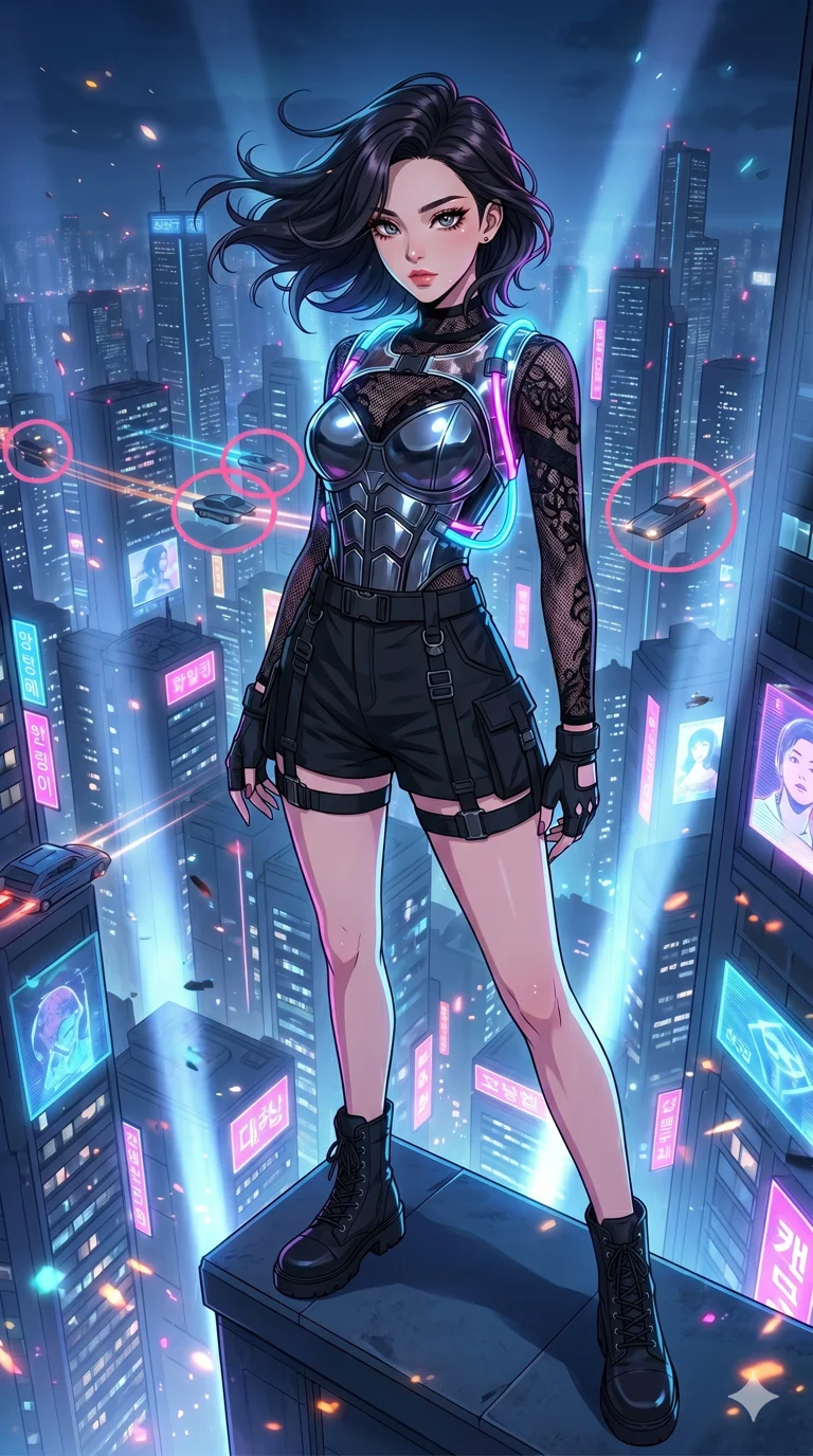 score_9, masterpiece, best quality, ultra-detailed, High-budget Anime Keyframe, vibrant colors, fluid line-art, expressive lighting, cinematic composition, Ufotable-style visual effects, top-tier animation quality, Korean woman with idol-like refined features. Cinematic low angle perspective showcasing her towering height and perfect 8-heads proportion. Standing atop a dizzying skyscraper overlooking a vast megalopolis of neon towers and flying vehicles, the wind whipping through her hair. She has an absolutely perfect 8-heads proportion, an exceptionally tall and slender female figure with impossibly long slender legs and an ultra-slim waist, her statuesque height and towering silhouette dominating the vertical 9:16 frame. Her face is a masterpiece featuring a sharp v-shaped jawline, high-bridge nose, intricate jewel-like eyes with depth, thick eyelashes, and glossy lips with a natural sheen. She is wearing a Chrome-plated corset over a sheer lace base with tactical straps and metallic buckles crafted from Transparent PVC with a high-gloss finish that reveals the intricate layers beneath, with integrated neon-lit tactical gear and suggestive cutouts on the thighs. The scene is set in an abstract digital void with floating golden geometric shapes and rivers of flowing code, illuminated by volumetric light beams cutting through a hazy atmosphere, creating a sense of depth. 2k, ultra detail, master piece, 9:16 ratio