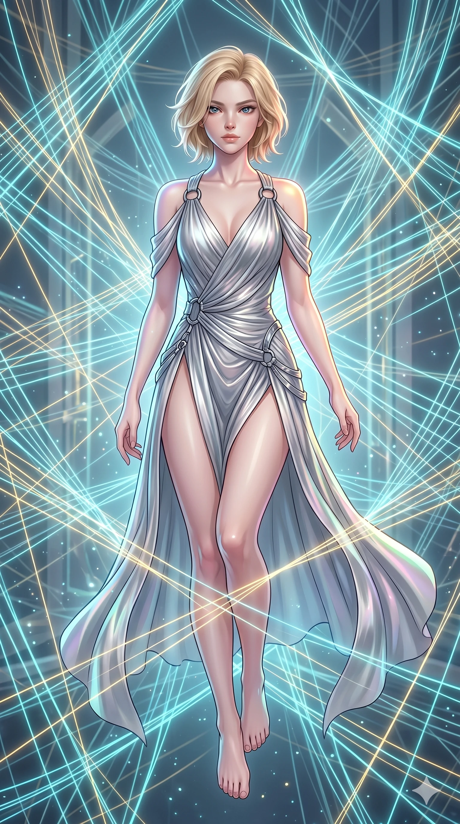 score_9, masterpiece, best quality, ultra-detailed, high-budget anime keyframe, Caucasian woman, strictly human ears. upper body close-up from the thighs up, character filling the screen for maximum presence. floating suspended in an ethereal loom room where millions of luminescent cyan and gold threads intersect and weave geometric patterns. She has an absolutely perfect 8-heads proportion, an exceptionally tall and slender female figure with impossibly long slender legs and an ultra-slim waist. V-shaped jawline, high-bridge nose, intricate jewel-like eyes with depth, thick eyelashes, glossy lips with a natural sheen.. wearing a draped Grecian cyber-gown, featuring draped silver metallic chiffon held by metal ring hardware, displaying a high-leg line. enhanced by a luminous pastel spectrum glow, casting elegant rim lights on her shoulders and jawline. 2k, ultra detail, master piece, 9:16 ratio