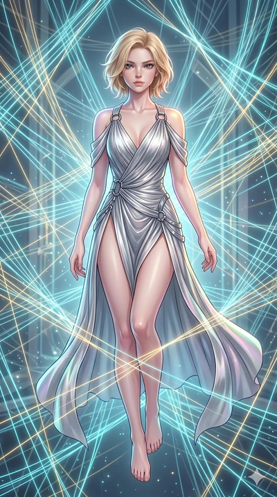 score_9, masterpiece, best quality, ultra-detailed, high-budget anime keyframe, Caucasian woman, strictly human ears. upper body close-up from the thighs up, character filling the screen for maximum presence. floating suspended in an ethereal loom ro