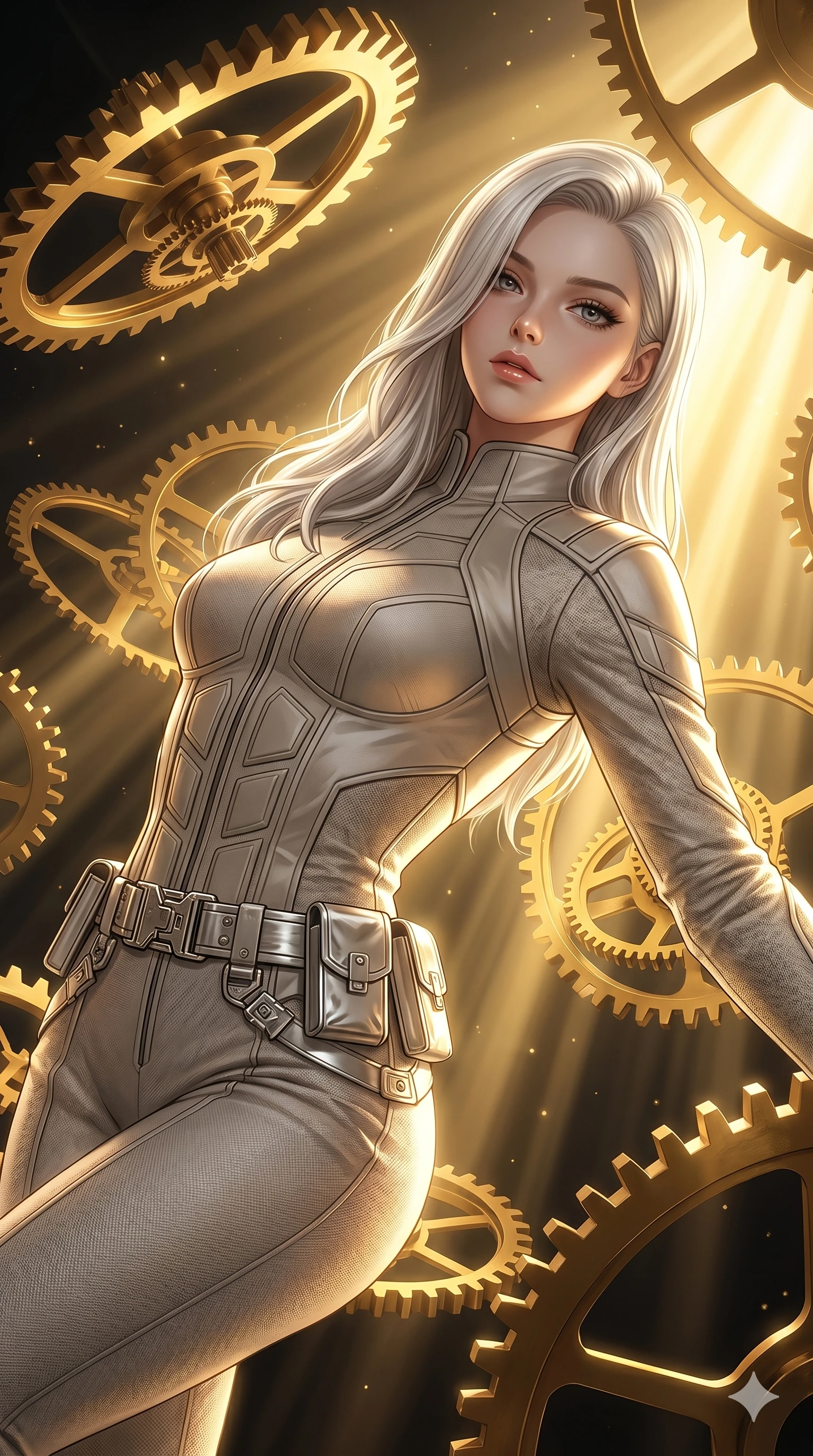 score_9, masterpiece, best quality, ultra-detailed, high-budget anime keyframe, editorial fashion photography, tasteful artistic composition, Caucasian woman, strictly human ears. Upper body close-up from the thighs up, character filling the screen for maximum presence. She is intertwined with massive floating gold gears and clockwork mechanisms suspended in a void. She leans back gracefully, looking at the camera with a dreamy, captivating gaze. She has an absolutely perfect 8-heads proportion, a tall and elegant figure with a refined silhouette and a defined waistline. V-shaped jawline, high-bridge nose, intricate jewel-like eyes with depth, thick eyelashes, glossy lips with a natural sheen. She is wearing a high-fashion tech-jumpsuit featuring structured panel overlays across the torso and shoulders, accented by a metallic silver utility belt and textured fabric sleeves. The scene is illuminated by warm, blindingly bright golden spotlights and sharp volumetric light rays. 2k, ultra detail, master piece, 9:16 ratio