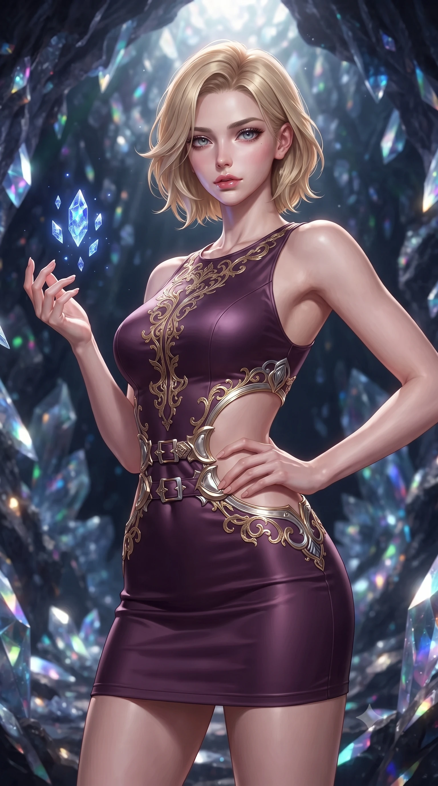 score_9, masterpiece, best quality, ultra-detailed, high-budget anime keyframe, editorial fashion photography, tasteful artistic composition, Caucasian woman. close-up cowboy shot from the waist and thighs up, the character dominates the composition, filling the frame with her large presence, background elements kept in soft focus. Holding a confident power pose with one hand on her hip, gazing directly into the camera with quiet intensity guiding floating sapphire light crystals inside a deep mineral sanctuary, sharp crystalline reflections creating an opulent, jewel-like ambience. She has an exceptionally elegant, slender, and willowy female figure with an ultra-slim waist, a gracefully sculpted slender torso, and a refined silhouette. sharp v-shaped jawline, high-bridge nose, intricate jewel-like eyes with depth, thick eyelashes, glossy lips with a natural sheen. wearing a dramatic open-waist cutout mini dress framed by sculptural hardware in plum purple and gold filigree, crafted from smooth liquid silk, detailed with polished silver buckles along the waistline, the sleek second-skin texture accentuating her magnetic presence. bathed in brilliant prismatic light filtering from a natural cavern skylight. highly saturated vibrant anime colors, detailed shading with soft gradients, rich glossy textures, high-contrast stereoscopic depth, volumetric dynamic lighting, master piece, 9:16 ratio