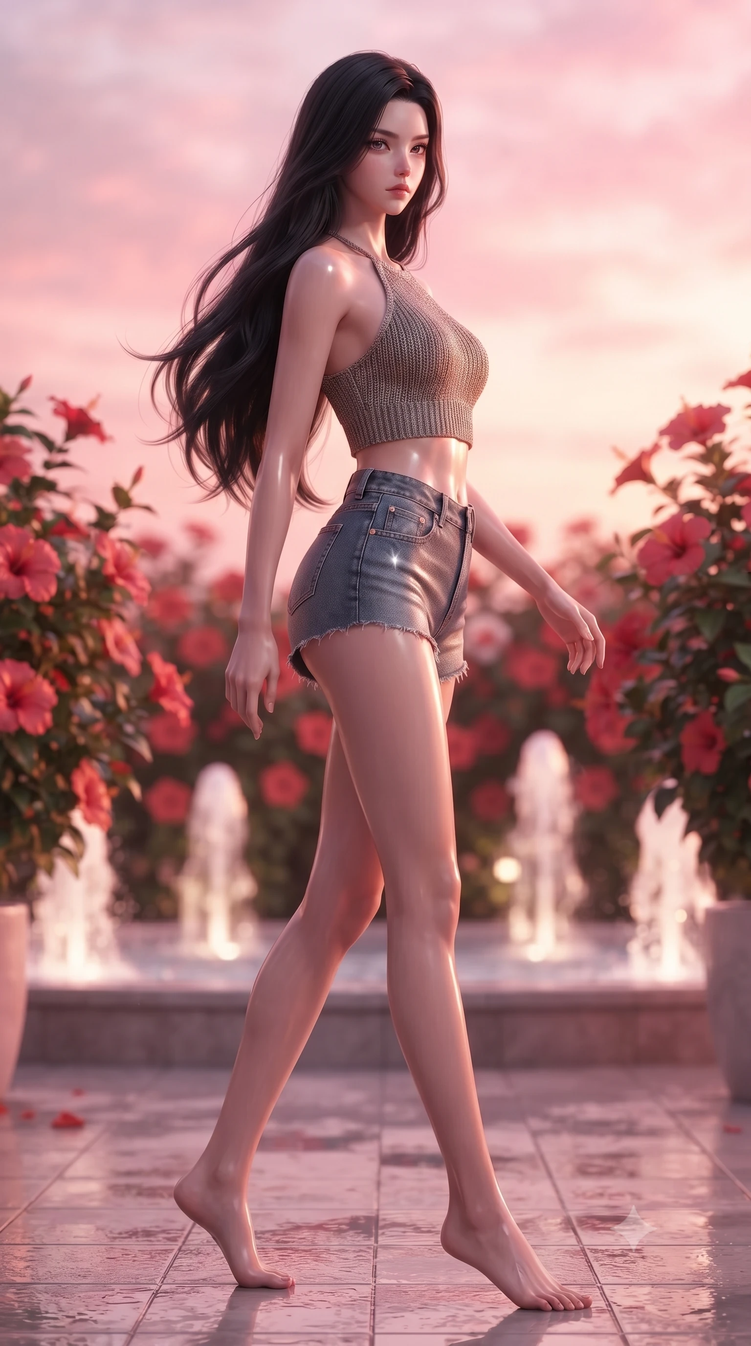 score_9, masterpiece, best quality, ultra-detailed, high-budget anime keyframe, editorial fashion photography, tasteful artistic composition, Korean woman woman. low angle full-body shot from head to toe showing her feet, filling the entire 9:16 vertical frame with her statuesque presence, stretching her vertical silhouette. stepping gracefully while looking back over her shoulder, her dress draped tightly to reveal her silhouette the background shows a soft-focus a secluded terrace surrounded by blooming red hibiscus and soft water fountains. She has an absolutely perfect, statuesque 8.5-heads proportion, an exceptionally tall and slender model-like female figure with impossibly long slender legs and an ultra-slim waist. sharp v-shaped jawline, high-bridge nose, intricate jewel-like eyes with depth, thick eyelashes, glossy lips with a natural sheen. wearing a slim-fit chic knit halter crop top paired with denim micro-shorts, showing her delicately sculpted midriff. soft sunset light bathing the terrace in a warm pink and orange wash. ultra-reflective glossy finish, specular highlights, metallic sheen, high-contrast stereoscopic depth, volumetric dynamic lighting, 2k, ultra detail, master piece, 9:16 ratio