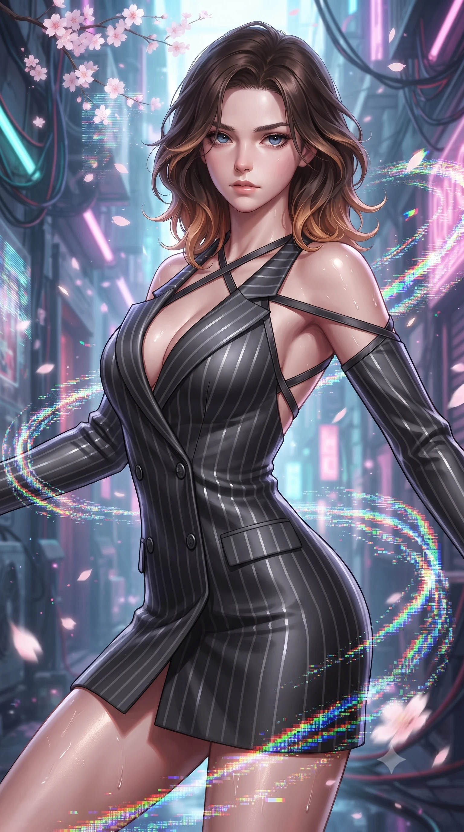 score_9, masterpiece, best quality, ultra-detailed, high-budget anime keyframe, editorial fashion photography, tasteful artistic composition, Korean woman. close-up cowboy shot from the waist and thighs up, the character dominates the composition, filling the frame with her large presence, background elements kept in soft focus. Gazing past the lens with composed intensity as her torso curves dynamically in mid-motion while forging forward through a cybernetic alleyway as holographic wind swirls around her, RGB glitch noise patterns casting colorful pixel trails along her movement. She has an exceptionally elegant, slender, and willowy female figure with an ultra-slim waist, a gracefully sculpted slender torso, and a refined silhouette. sharp v-shaped jawline, high-bridge nose, intricate jewel-like eyes with depth, thick eyelashes, glossy lips with a natural sheen, flawlessly proportioned anatomical accuracy, natural body alignment, perfectly sculpted elegant limbs, clean dynamic posture without body distortion. wearing a double-breasted blazer dress with subtle metallic pin-stripes in matte black and polished silver, crafted from smooth liquid silk, complemented by criss-cross back straps highlighting her bare shoulders, the sleek second-skin texture accentuating her magnetic presence. illuminated by glowing holographic sakura radiance and wet specular reflections. ultra-reflective glossy finish, specular highlights, metallic sheen, high-contrast stereoscopic depth, volumetric dynamic lighting, 2k, ultra detail, master piece, 9:16 ratio