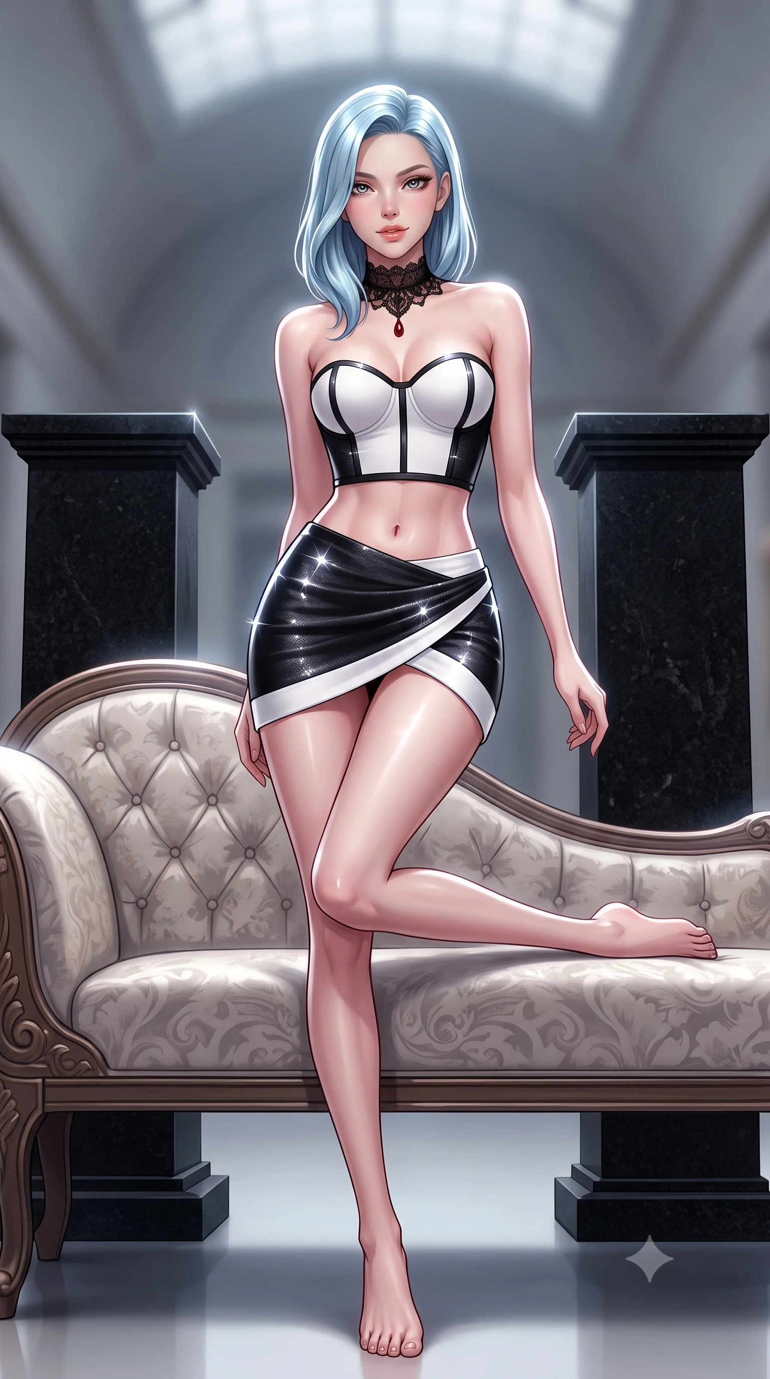 score_9, masterpiece, best quality, ultra-detailed, high-budget anime keyframe, semi-realistic 3D game render, editorial fashion photography, tasteful artistic composition, Korean woman. low angle full-body shot from head to toe showing her feet, filling the entire 9:16 vertical frame with her statuesque presence, stretching her vertical silhouette. reclining gracefully across the plush chaise lounge with one leg extended, her sculpted silhouette and flat midriff radiating magnetic nocturnal glamour while standing tall between towering black granite pedestals, arching her back with sovereign minimalist fashion authority. The background shows a soft-focus high ceiling space softened in cavernous museum shallow focus. She has an absolutely perfect, statuesque 8.5-heads proportion, an exceptionally tall and slender model-like female figure with impossibly long slender legs, an ultra-slim waist, a flat toned midriff, narrow delicate ribcage, and beautifully sculpted feminine hips creating a graceful, slim hourglass silhouette without any bulky heaviness. sharp v-shaped jawline, high-bridge nose, sparkling eyes with hypnotic seductive depth, thick curled eyelashes, glossy parted lips with a natural dewy peach sheen, alluring bedroom-eyes with an enchanting coquettish smile, exuding magnetic siren charisma and sophisticated glamour, flawlessly proportioned anatomical accuracy, strict slender model proportions, natural body alignment, perfectly sculpted long slender limbs, ultra-slim waistline, clean dynamic posture without body distortion. wearing a structured strapless boned neoprene bustier top paired with an ultra-short architectural wrap mini skirt in high-contrast minimalist monochrome black and pure alabaster white, woven from stretch metallic lurex jersey casting radiant starlight glints across her silhouette, accented with an ornate black lace Victorian choker featuring a single blood-red teardrop garnet, the second-skin tailored fabric adhering flawlessly to her sculpted flat midriff and slender torso, emphasizing her long leg lines and perfectly proportioned willowy build. illuminated by floor bounce fill and sharp high-contrast white rim lights sculpting her jawline, flat midriff, and voluptuous hip curves. highly saturated vibrant anime colors, detailed shading with soft gradients, rich glossy textures, high-contrast stereoscopic depth, volumetric dynamic lighting, master piece, 9:16 ratio