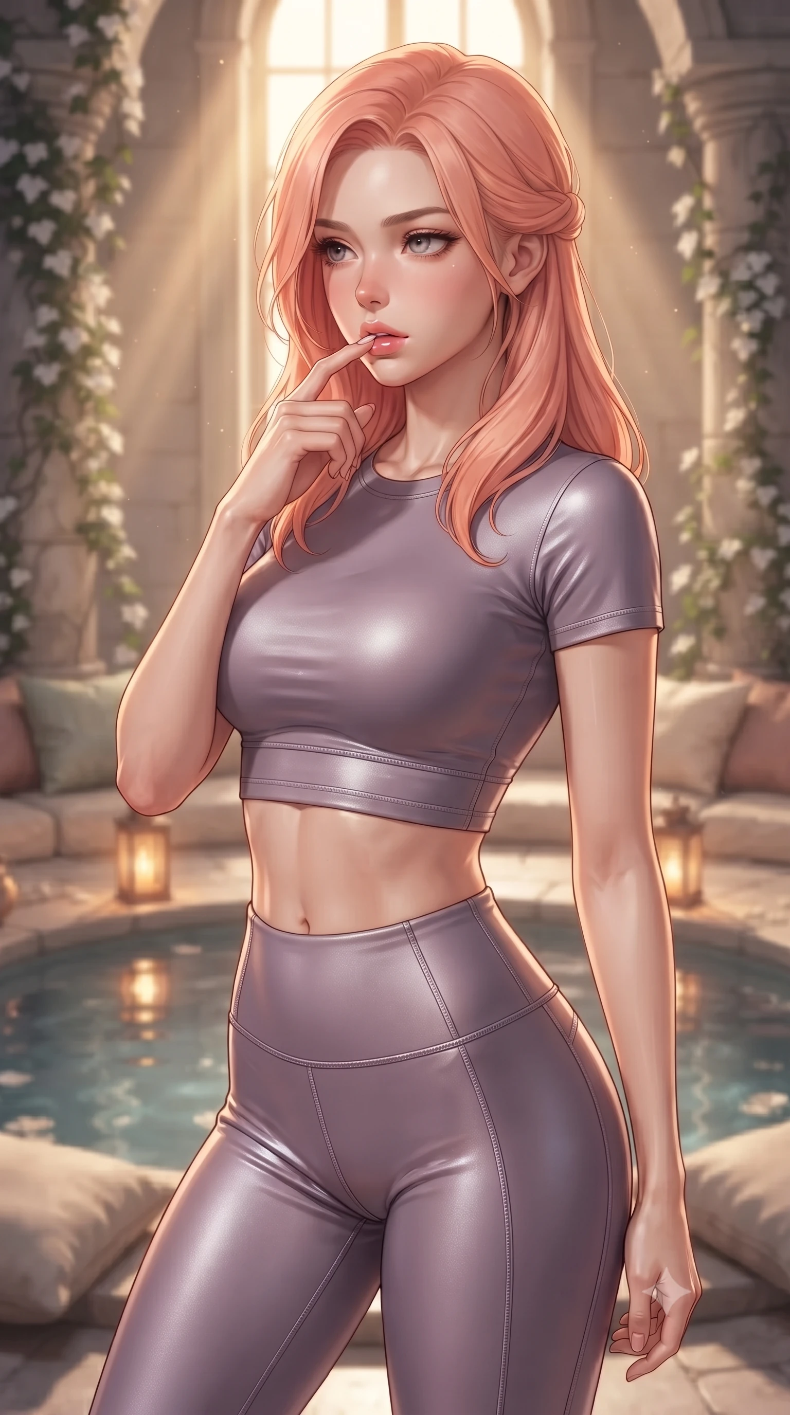 score_9, masterpiece, best quality, ultra-detailed, high-budget anime keyframe, editorial fashion photography, tasteful artistic composition, Japanese woman woman. close-up cowboy shot from the waist and thighs up, the character dominates the composition, filling the frame with her large presence, background elements kept in soft focus. pressing one finger to her bottom lip in a thoughtful, seductive gesture under the warm sun the background shows a soft-focus a quiet sanctuary chamber with a central water pool, soft cushions, and white ivy. She has an exceptionally elegant, slender, and willowy female figure with an ultra-slim waist, a gracefully sculpted slender torso, and a refined silhouette. sharp v-shaped jawline, high-bridge nose, intricate jewel-like eyes with depth, thick eyelashes, glossy lips with a natural sheen. wearing a form-contouring body-hugging activewear set of a crop tee and high-waisted leggings in dusty lavender. warm lantern light reflecting off the still water surface. ultra-reflective glossy finish, specular highlights, metallic sheen, high-contrast stereoscopic depth, volumetric dynamic lighting, 2k, ultra detail, master piece, 9:16 ratio