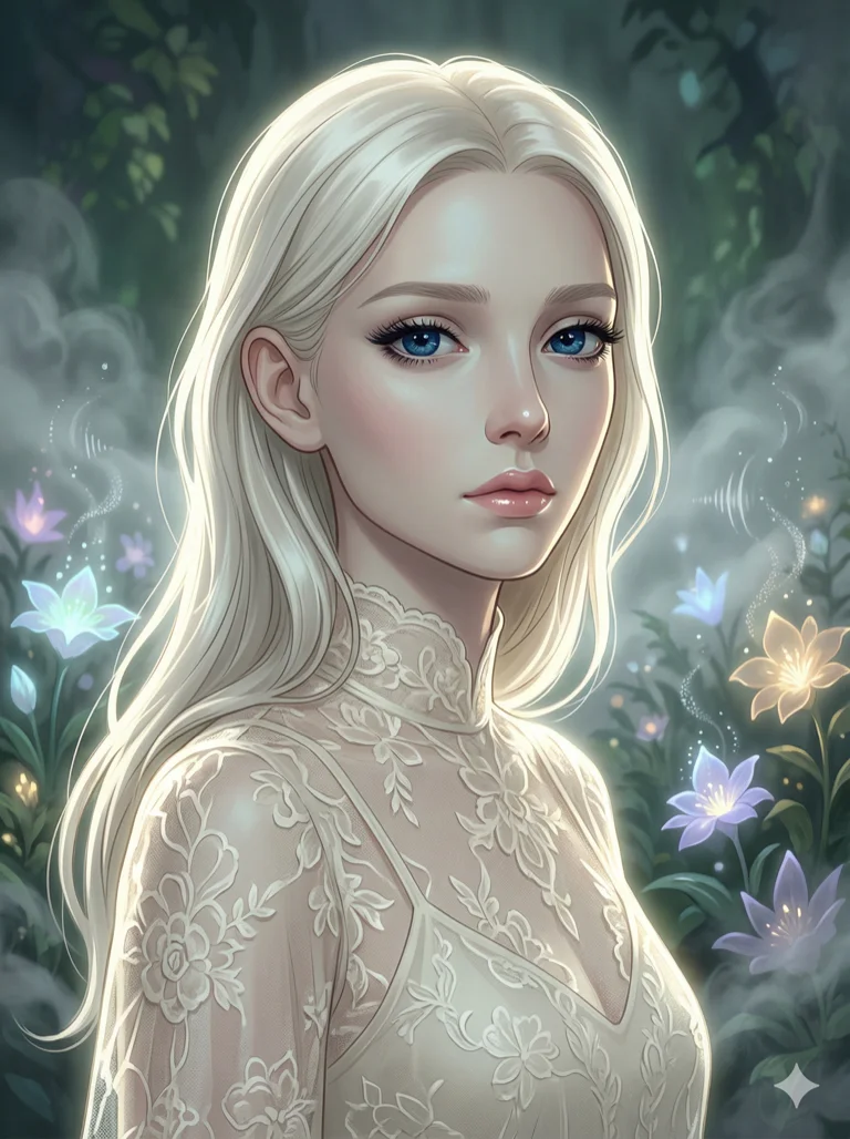 score_9, masterpiece, best quality, ultra-detailed, highend animation keyframe, an incredibly beautiful ethereal Caucasian woman with flawless pale skin (strictly human ears). Close-up portrait filling more than half of the frame. She is a lost soul wandering the garden of echoes, where every flower repeats her name. She has an absolutely perfect petite and compact proportion, a petite female figure with a delicate skinny figure and fragile aesthetic. Her face is a highly detailed masterpiece featuring a v-shaped jawline, high-bridge nose, intricate jewel-like eyes, thick eyelashes, and glossy lips. She has platinum blonde flowing hair. She is wearing a sheer fabric lace dress, highlighting her alluring silhouette. Ethereal garden with glowing flowers and mist, dramatic rim lighting, radiant glowing skin, cinematic dynamic light, 2k, ultra detail, master piece, 3:4 ratio