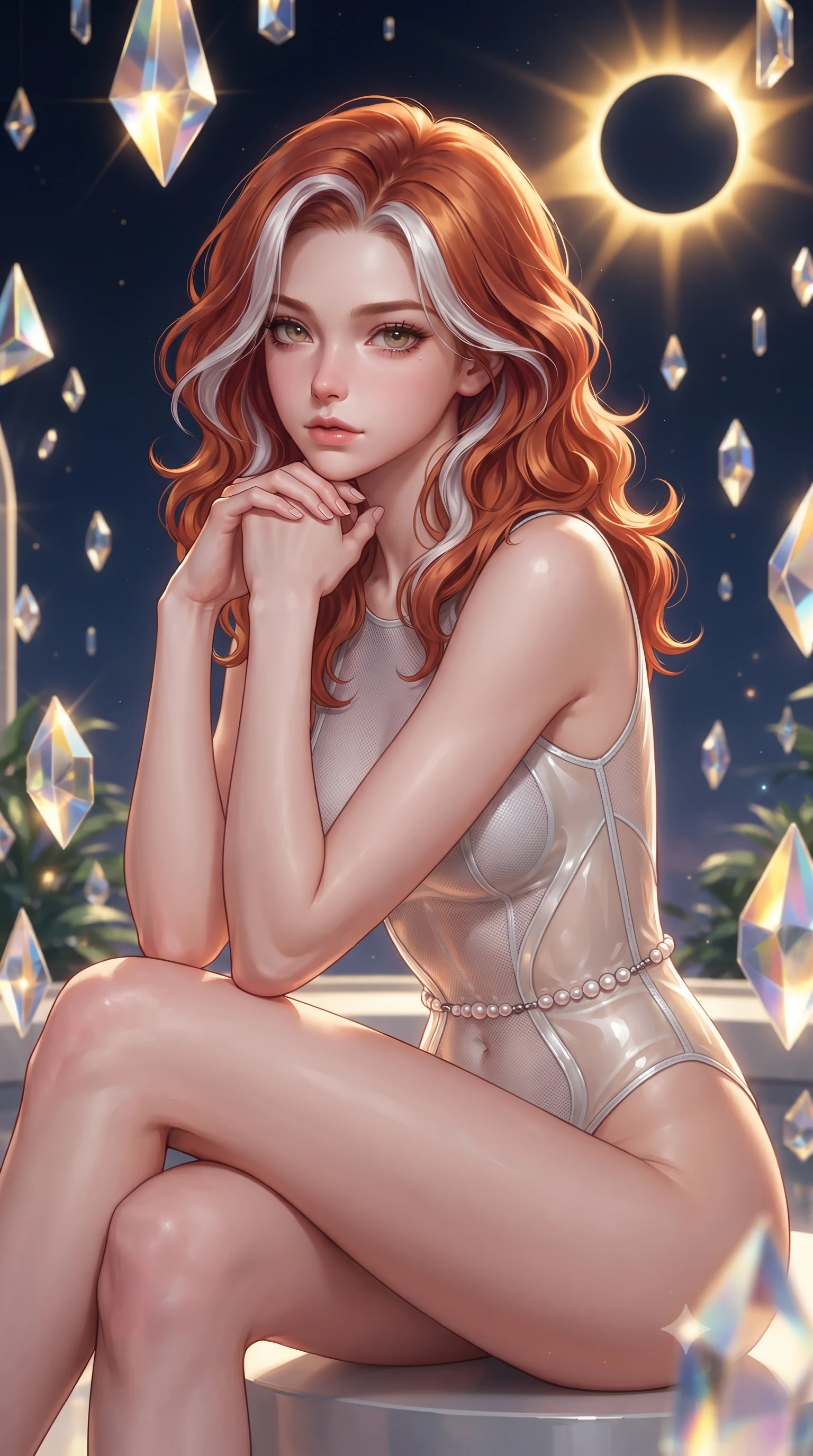 score_9, masterpiece, best quality, ultra-detailed, high-budget anime keyframe, editorial fashion photography, tasteful artistic composition, Caucasian woman. close-up cowboy shot from the waist and thighs up, the character dominates the composition, filling the frame with her large presence, background elements kept in soft focus. Resting her chin on the backs of her fingers with an air of effortless superiority, navigating a solarium filled with floating solar crystal prisms, dark navy sky outside contrasting with bright golden interior sunbursts. She has an exceptionally elegant, slender, and willowy female figure with an ultra-slim waist, a gracefully sculpted slender torso, and a refined silhouette. sharp v-shaped jawline, high-bridge nose, intricate jewel-like eyes with depth, thick eyelashes, glossy lips with a natural sheen. wearing translucent liquid acrylic splash bodysuit with semi-opaque mesh in glowing ivory, made of fine silver contouring mesh, adorned with minimalist pearl hardware framing the waistline, following her slender form with tailored precision. illuminated by the radiant golden corona of a solar eclipse. highly saturated vibrant anime colors, detailed shading with soft gradients, rich glossy textures, high-contrast stereoscopic depth, volumetric dynamic lighting, master piece, 9:16 ratio