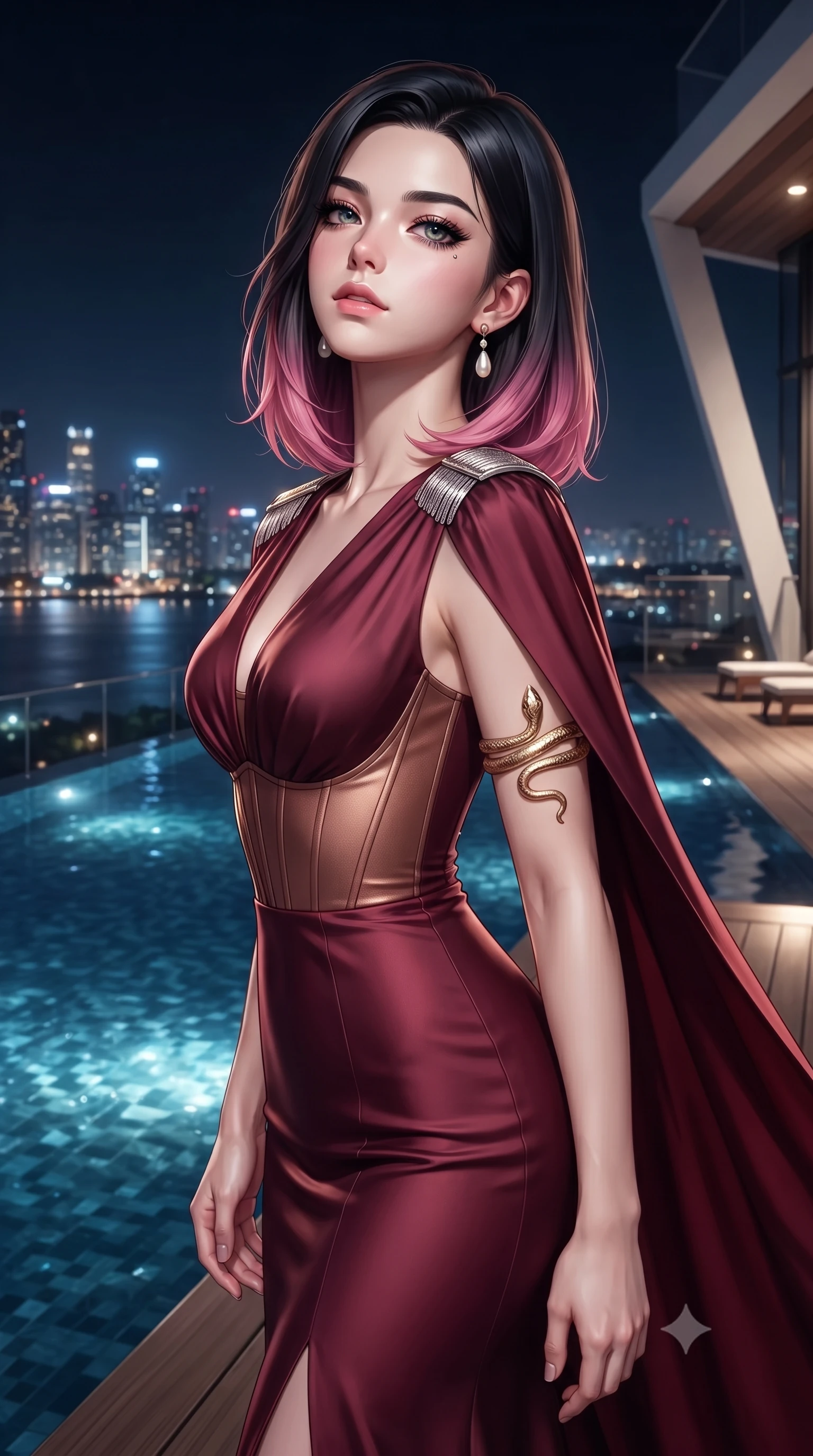 score_9, masterpiece, best quality, ultra-detailed, high-budget anime keyframe, editorial fashion photography, tasteful artistic composition, Korean woman. close-up cowboy shot from the waist and thighs up, the character dominates the composition, filling the frame with her large presence. tilting her chin up with proud, sovereign confidence while gazing directly into the lens with thick, dark eyelashes while pivoting gracefully beside an infinity pool as midnight city lights shimmer across the water's surface. The surrounding environment is rendered in vivid detail and crisp panoramic clarity. crystal-clear penthouse glass railings, modern teak wood decking, and sharp architectural angles in deep focus. She has an exceptionally elegant, slender, and willowy female figure with an ultra-slim waist, a gracefully sculpted slender torso, toned flat midriff, and a refined slim silhouette. sharp v-shaped jawline, high-bridge nose, intricate jewel-like eyes with depth, thick eyelashes, glossy lips with a natural sheen, captivating and magnetic expression, flawlessly proportioned anatomical accuracy, strict slender model proportions, natural body alignment, perfectly sculpted long slender limbs, ultra-slim waistline, clean dynamic posture without body distortion. wearing a modern royal capelet gown with platinum shoulder epaulets and a slender column skirt in rich wine burgundy and liquid bronze, tailored from fluid silk crepe with delicate inner corsetry boning, accented with a sculptured gold serpent armlet and pearl drop earrings, the form-contouring material adhering flawlessly to her sculpted flat midriff and slender torso, emphasizing her long leg lines and perfectly proportioned willowy build. surrounded by a cosmopolitan, elite, and intensely magnetic modern royalty aura. ultra-reflective glossy finish, specular highlights, rich textural contrasts, high-contrast stereoscopic depth, volumetric dynamic lighting, 2k, ultra detail, master piece, 9:16 ratio