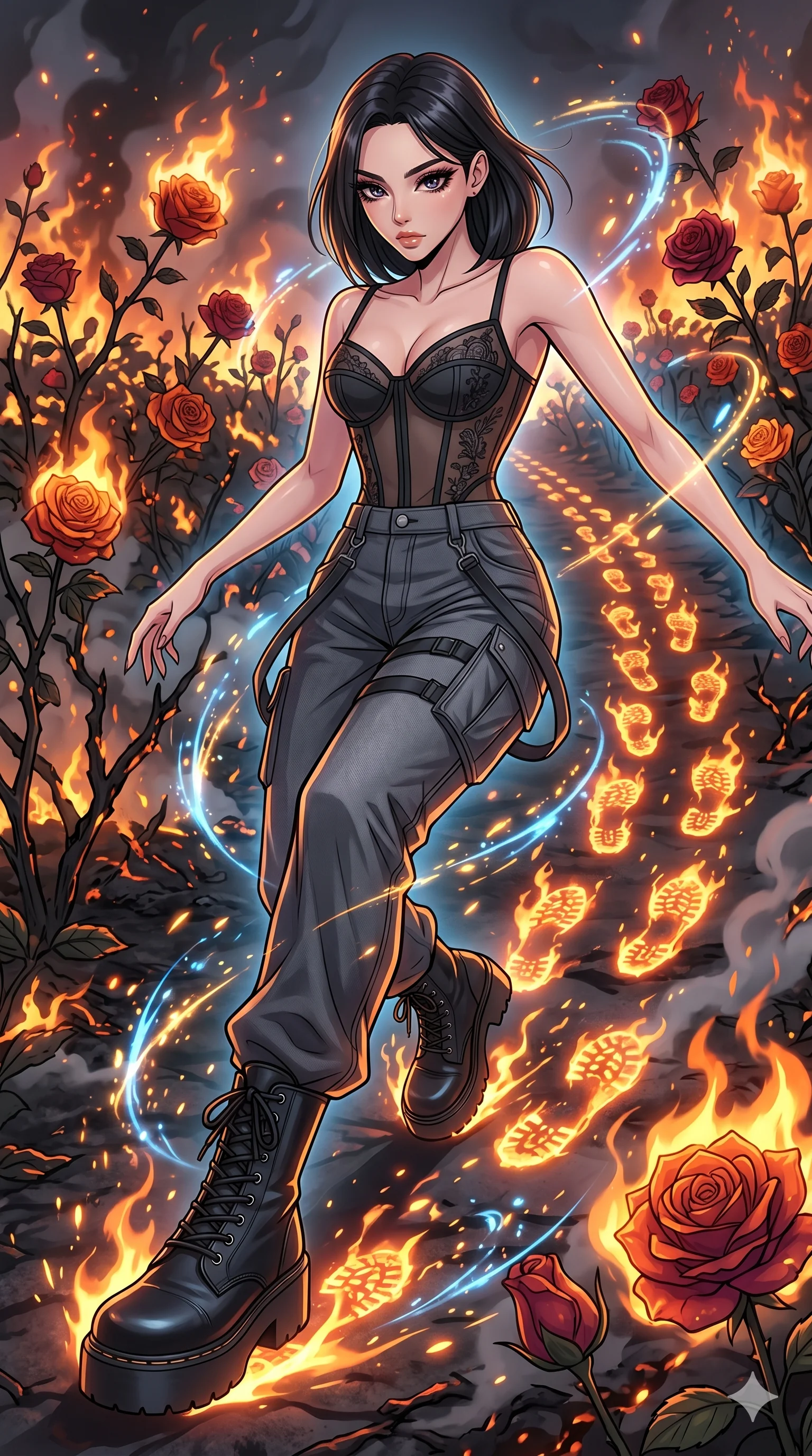 score_9, masterpiece, best quality, ultra-detailed, Set A: High-budget Anime Keyframe, Korean woman. Upper body close-up from the thighs up, character filling the screen for maximum presence. Sliding through a burning rose garden, as she leaves a trail of 238 glowing footprints and surrounded by glowing energy sparks. She has an absolutely perfect 8-heads proportion, an exceptionally tall and slender female figure with impossibly long slender legs and an ultra-slim waist. Sharp v-shaped jawline, high-bridge nose, intricate jewel-like eyes with depth, thick eyelashes, glossy lips with a natural sheen. Wearing Sheer corset top with high-waist tech-denim and heavy platform combat boots. Cinematic lighting, vibrant colors, dramatic shadows, 2k, ultra detail, master piece, 9:16 ratio