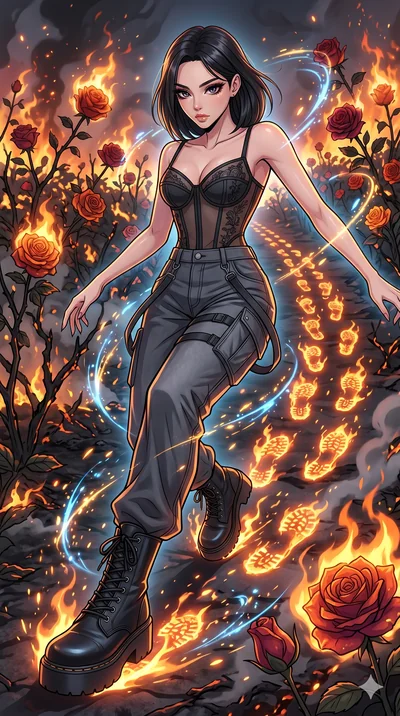 score_9, masterpiece, best quality, ultra-detailed, Set A: High-budget Anime Keyframe, Korean woman. Upper body close-up from the thighs up, character filling the screen for maximum presence. Sliding through a burning rose garden, as she leaves a tra