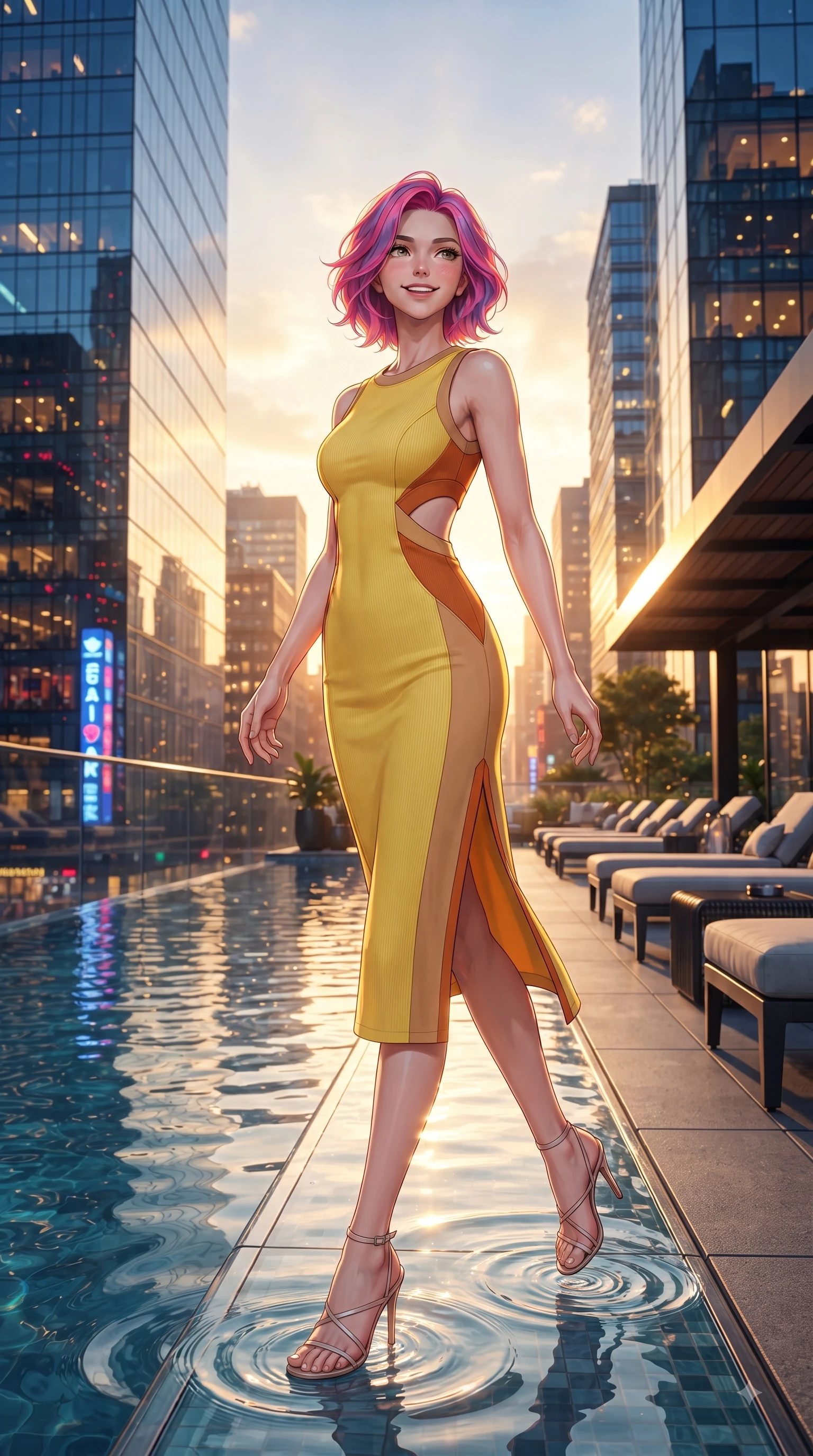 score_9, masterpiece, best quality, ultra-detailed, high-budget anime keyframe, editorial fashion photography, tasteful artistic composition, Caucasian woman. low angle full-body shot from head to toe showing her feet, filling the entire 9:16 vertical frame with her statuesque presence, stretching her vertical silhouette. Radiant anticipation in her face, glowing with hopeful curiosity and warm expectant energy while pivoting dynamically near a glass infinity pool edge with city skyscraper silhouettes behind. The surrounding environment is rendered in vivid detail and crisp panoramic clarity. glistening skyscraper glass facades, infinity pool water ripples, and crisp rooftop deck furniture in deep focus. She has an absolutely perfect, statuesque 8.5-heads proportion, an exceptionally tall and slender model-like female figure with impossibly long slender legs and an ultra-slim waist. sharp v-shaped jawline, high-bridge nose, intricate jewel-like eyes with depth, thick eyelashes, glossy lips with a natural sheen, flawlessly proportioned anatomical accuracy, natural body alignment, perfectly sculpted elegant limbs, clean dynamic posture without body distortion. wearing a sleek daffodil yellow sleeveless knit midi dress with subtle side cutouts in burnt orange and warm camel beige, tailored from crisp high-density cotton poplin, finished with a sleek side slit ascending to mid-thigh, the tailored fit highlighting her statuesque and model-like silhouette. bathed in dramatic golden hour sunset glow and vibrant urban night lights. ultra-reflective glossy finish, specular highlights, metallic sheen, high-contrast stereoscopic depth, volumetric dynamic lighting, 2k, ultra detail, master piece, 9:16 ratio