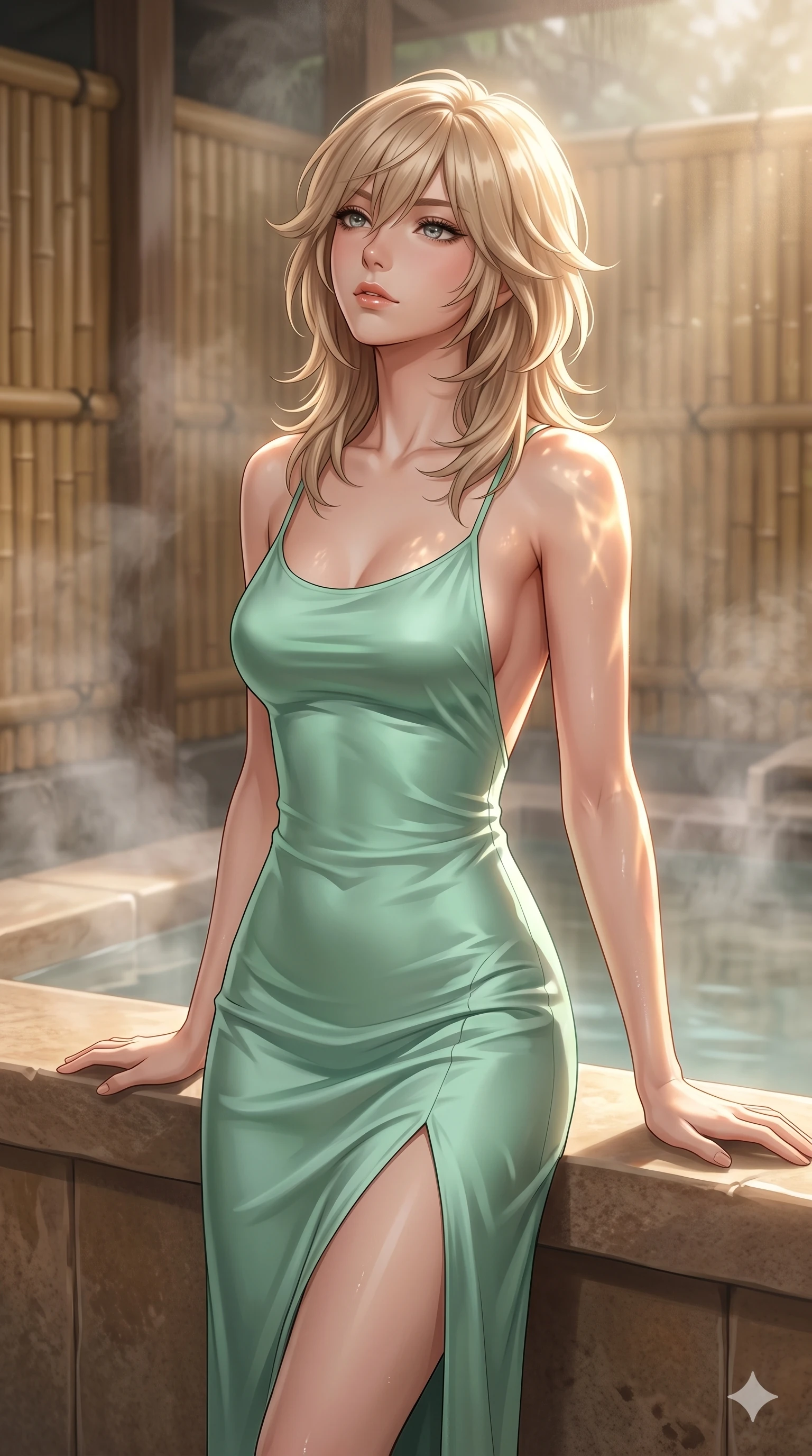 score_9, masterpiece, best quality, ultra-detailed, high-budget anime keyframe, editorial fashion photography, tasteful artistic composition, Japanese woman. cowboy shot from the thighs up, character and outfit filling the frame for maximum editorial presence. resting her arms on the warm stone ledge, tilting her chin up with a relaxed, composed expression in a quiet private hot spring pavilion with bamboo partition walls (Code-P16-010). She has an absolutely perfect 8-heads proportion, an exceptionally tall and slender female figure with impossibly long slender legs and an ultra-slim waist. V-shaped jawline, high-bridge nose, intricate jewel-like eyes with depth, thick eyelashes, glossy lips with a natural sheen. wearing a sleek form-fitting mint green silk slip dress with an open-back design and a high front slit. drenched in warm morning sunshine filtering through the rising steam, tracing her bare shoulders. 2k, ultra detail, master piece, 9:16 ratio
