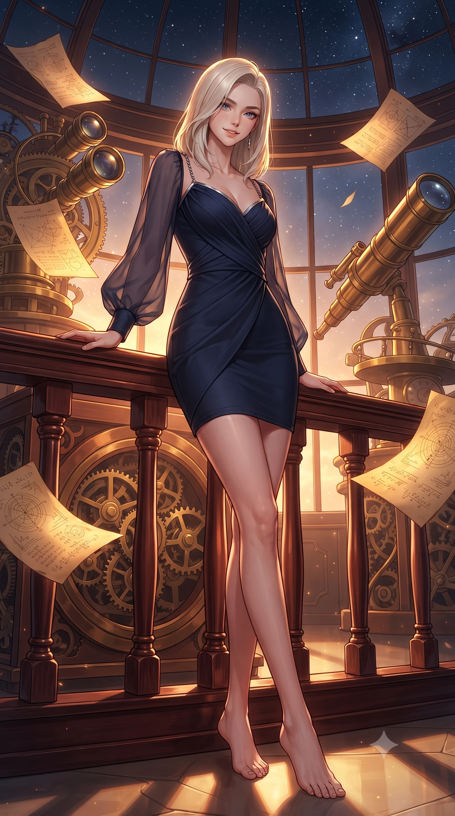 score_9, masterpiece, best quality, ultra-detailed, high-budget anime keyframe, editorial fashion photography, tasteful artistic composition, Caucasian woman. low angle full-body shot from head to toe showing her feet, filling the entire 9:16 vertical frame with her statuesque presence, stretching her vertical silhouette. navigating the luminous space with effortless poise, displaying her perfect model proportions leaning against a vintage mahogany balustrade inside a mechanical observatory, golden paper pages fluttering gently around her in a magical breeze. She has an absolutely perfect, statuesque 8.5-heads proportion, an exceptionally tall and slender model-like female figure with impossibly long slender legs and an ultra-slim waist. sharp v-shaped jawline, high-bridge nose, intricate jewel-like eyes with depth, thick eyelashes, glossy lips with a natural sheen. wearing a sleek bodycon knit dress with sheer organza sleeve panels in midnight navy blue and chrome trim, crafted from lustrous satin jersey with fluid draping, adorned with delicate metallic chain straps along the neckline, the elegant draped fit framing her graceful clavicle and slender torso. bathed in warm twilight amber backlighting and rich metallic specular glow. ultra-reflective glossy finish, specular highlights, metallic sheen, high-contrast stereoscopic depth, volumetric dynamic lighting, 2k, ultra detail, master piece, 9:16 ratio