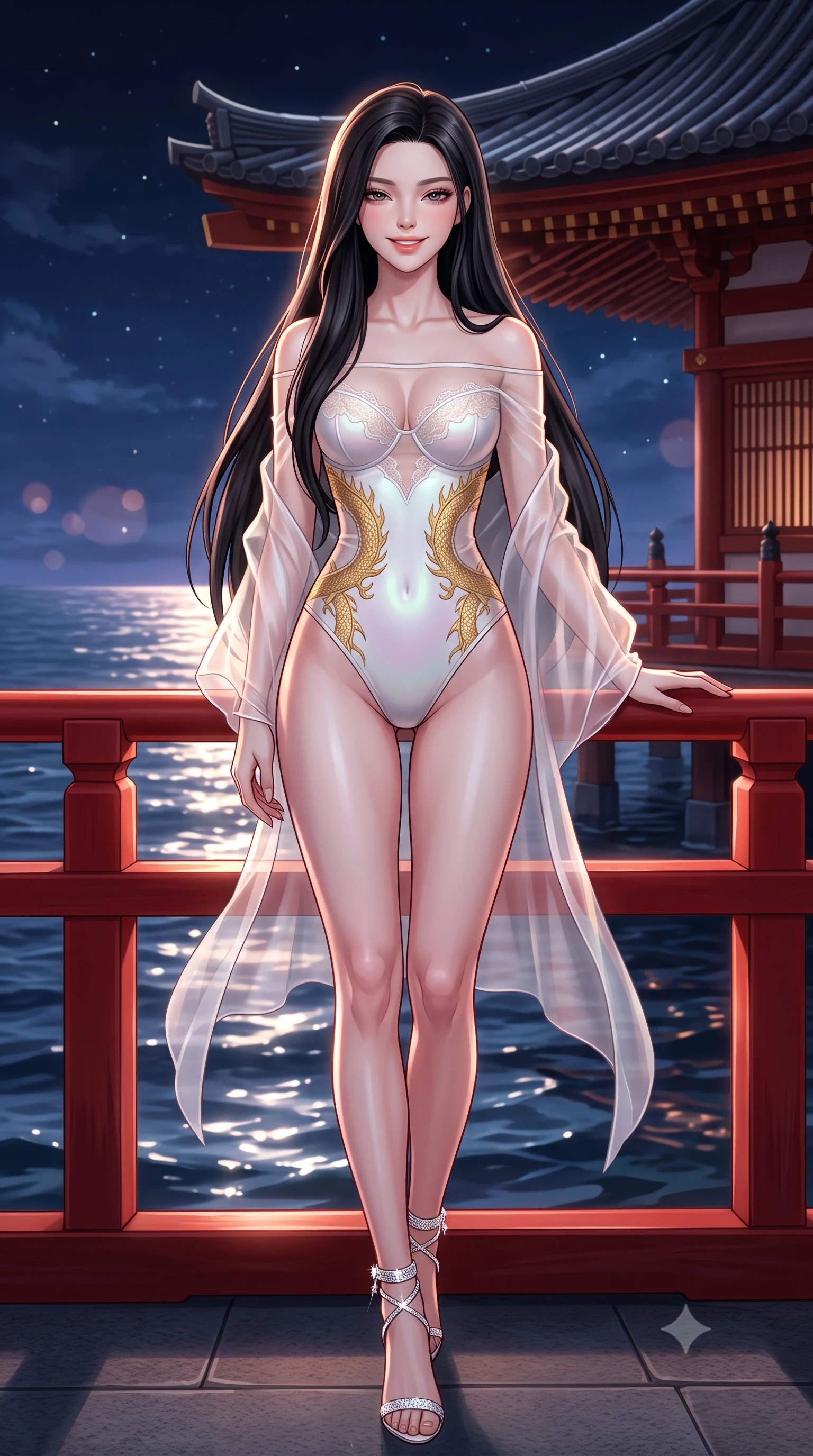 score_9, masterpiece, best quality, ultra-detailed, high-budget anime keyframe, semi-realistic 3D game render, editorial fashion photography, tasteful artistic composition, Korean woman. low angle full-body shot from head to toe showing her feet, filling the entire 9:16 vertical frame with her statuesque presence, stretching her vertical silhouette. stepping slowly toward the camera with hypnotic grace, hips swaying in an alluring sensual rhythm that accentuates her curvy hourglass silhouette and long slender legs while leaning against the vermilion railing with hips cocked back, looking over midnight tide ripples with captivating bedroom-eyes. The surrounding environment is rendered in vivid detail and crisp panoramic clarity: detailed translucent silk organza wrap robe drape, sheer lace demi-bustier cling, and shrine architecture in razor-sharp precision. She has an exceptionally tall and slender model-like 8.5-heads proportion, an ultra-slim waist, a flat toned midriff, narrow delicate ribcage, and beautifully sculpted feminine hips creating a graceful, slim hourglass silhouette without any bulky heaviness, with impossibly long slender legs. sharp v-shaped jawline, high-bridge nose, intricate jewel-like sparkling eyes with depth, thick eyelashes, glossy parted lips with a natural peach sheen, bright cheerful beaming smile with an enchanting and coquettish sensual glint, exuding both youthful cute charm and seductive allure, flawlessly proportioned anatomical accuracy, strict slender model proportions, natural body alignment, perfectly sculpted long slender limbs, ultra-slim waistline, clean dynamic posture without body distortion. wearing an off-the-shoulder sheer illusion mesh evening bodysuit with gold dragon-scale embroidery contouring her hourglass waist in pure translucent crystal white and iridescent opal, woven from buttery-soft stretch lambskin leather adhering to her body like a second skin, complemented by strappy stiletto sandals with crystal ankle wraps accentuating her slender calves, the form-contouring silhouette accentuating her sculpted flat midriff, narrow delicate ribcage, and gracefully curvy hips with intoxicating allure. illuminated by sea water specular highlights and sharp rose-gold rim lights sculpting her dewy collarbones, ultra-slim waist, and curvy hips. highly saturated vibrant anime colors, detailed shading with soft gradients, rich glossy textures, high-contrast stereoscopic depth, volumetric dynamic lighting, master piece, 9:16 ratio