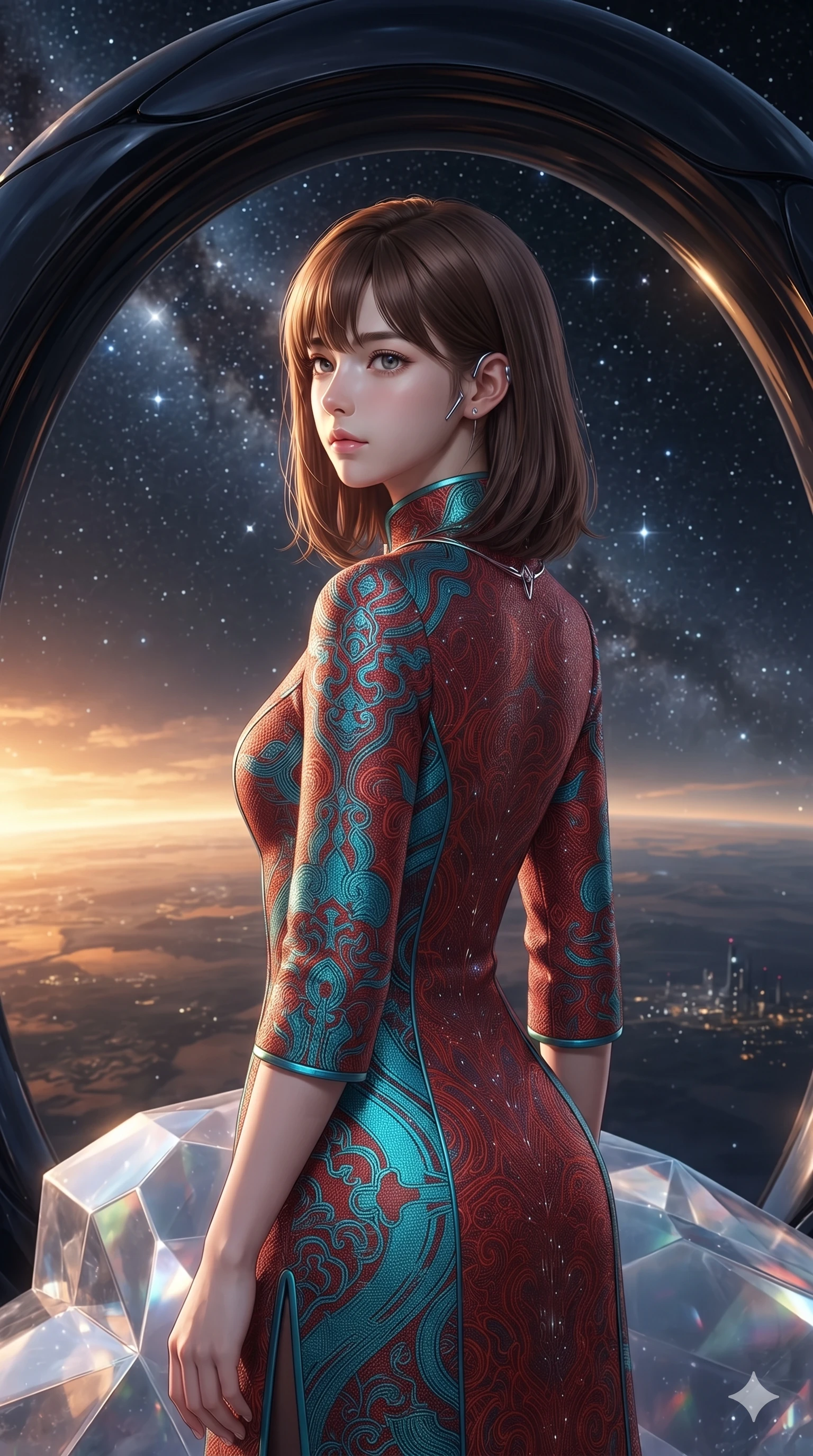 score_9, masterpiece, best quality, ultra-detailed, high-budget anime keyframe, editorial fashion photography, tasteful artistic composition, Korean woman. close-up cowboy shot from the waist and thighs up, the character dominates the composition, filling the frame with her large presence. posing in an alluring rear three-quarter angle, looking over a bare shoulder with heavy-lidded sparkling eyes, her hips cocked back to highlight her slim hourglass curve while standing poised at the edge of the crystalline promontory beneath a massive obsidian archway, arching her lower back with sovereign supermodel grace. The surrounding environment is rendered in vivid detail and crisp panoramic clarity: detailed haute-couture flight tailoring, metallic thread accents, and monumental alien architecture in razor-sharp precision. She has an exceptionally elegant, slender, and willowy female figure with an ultra-slim waist, flat toned midriff, narrow ribcage, and sculpted feminine hips creating an alluring, slim hourglass silhouette without bulk. sharp v-shaped jawline, high-bridge nose, intricate jewel-like sparkling eyes with depth, thick eyelashes, glossy parted lips with a natural sheen, bright confident smile with an enchanting and coquettish sensual glint, exuding both youthful magnetic charm and sovereign high-tech allure, flawlessly proportioned anatomical accuracy, strict slender model proportions, natural body alignment, perfectly sculpted long slender limbs, ultra-slim waistline, clean dynamic posture without body distortion. wearing an aristocratic planetary council ceremonial tunic dress with high mandarin collar and bracelet sleeves in cyber-shinto vermilion and laser turquoise, woven from high-density tech-wool with subtle metallic thread weave, complemented by strappy stiletto combat boots with metallic ankle wraps accentuating her slender calves, the bespoke structured tailoring following the natural line of her 8.5-heads silhouette with refined elegance. bathed in the crisp cool diamond starlight of an unpolluted alien night sky mixed with subtle warm golden sunset remnants at the horizon. ultra-reflective glossy finish, specular highlights, rich textural contrasts, high-contrast stereoscopic depth, volumetric dynamic lighting, 2k, ultra detail, master piece, 9:16 ratio