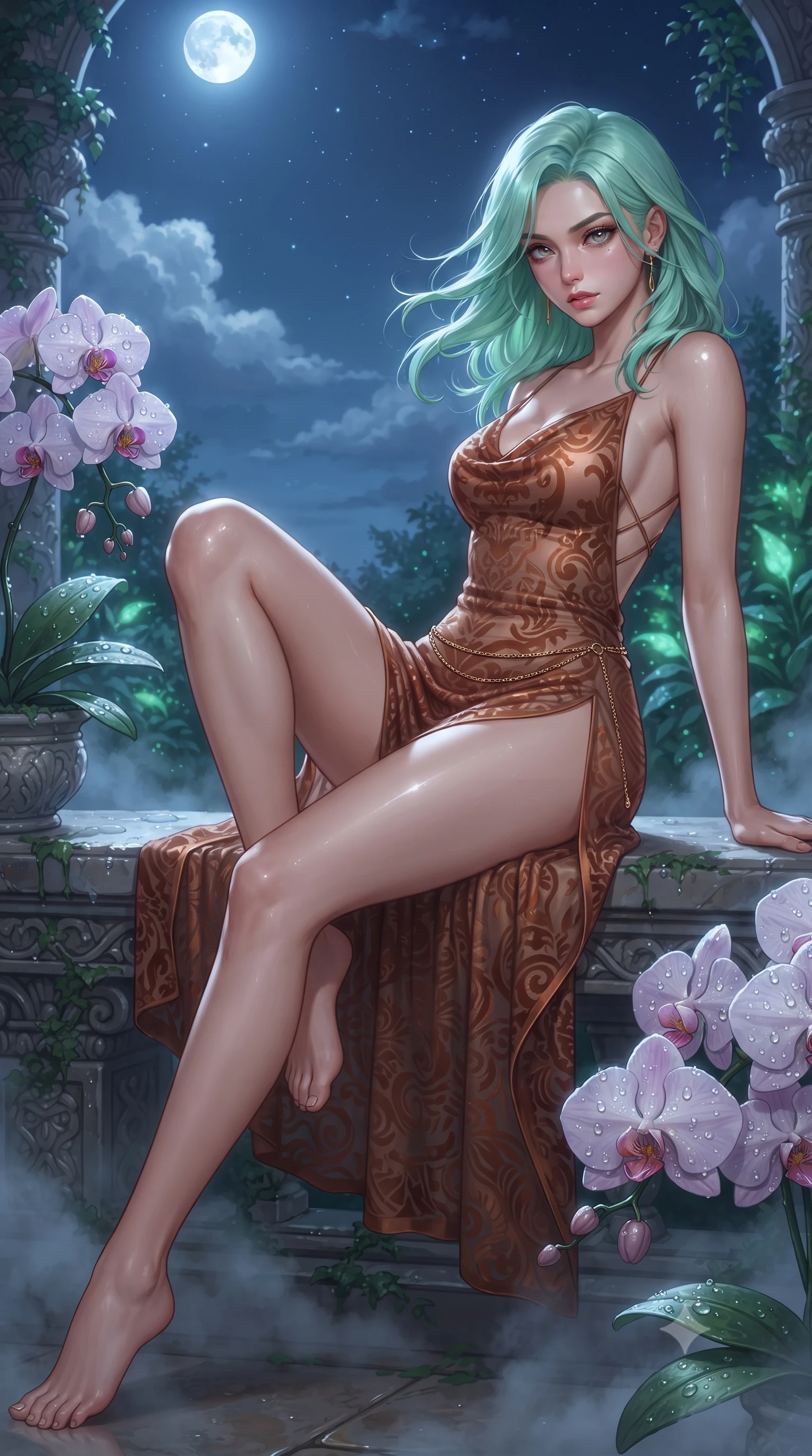 score_9, masterpiece, best quality, ultra-detailed, high-budget anime keyframe, editorial fashion photography, tasteful artistic composition, Japanese woman. low angle full-body shot from head to toe showing her feet, filling the entire 9:16 vertical frame with her statuesque presence, stretching her vertical silhouette. reclining on her side in an elegant Cleopatra pose with one knee drawn up, the dramatic contour of her rounded hips and long slender legs commanding the 9:16 vertical frame while pivoting dynamically on the mist-drenched terrace, night winds whipping her silk drapery to emphasize her tall statuesque proportions. The surrounding environment is rendered in vivid detail and crisp panoramic clarity. detailed high-tech fabric sheen, water droplet beads on orchids, and cloud texture clarity in high resolution. She has an exceptionally tall and slender model-like 8.5-heads proportion, an ultra-slim waist, a flat toned midriff, narrow delicate ribcage, and beautifully sculpted feminine hips creating a graceful, slim hourglass silhouette without any bulky heaviness, with impossibly long slender legs. sharp v-shaped jawline, high-bridge nose, intricate jewel-like eyes with depth, thick eyelashes, glossy parted lips with a natural sheen, intensely captivating and seductive bedroom-eyes expression, flawlessly proportioned anatomical accuracy, strict slender model proportions, natural body alignment, perfectly sculpted long slender limbs, ultra-slim waistline, clean dynamic posture without body distortion. wearing a backless cowl-neck satin slip dress featuring high-cut side hip slits and delicate criss-cross back straps in rich copper bronze and warm amber, made of sheer contouring power-mesh with velvet flocking patterns, accented with a delicate gold chain belt resting loosely on her curvy hips, the form-contouring material adhering flawlessly to her sculpted flat midriff and slender torso, emphasizing her long leg lines and perfectly proportioned willowy build. bathed in cool silver full-moon light streaming from above and soft emerald bio-luminescent foliage fill. ultra-reflective glossy finish, specular highlights, rich textural contrasts, high-contrast stereoscopic depth, volumetric dynamic lighting, 2k, ultra detail, master piece, 9:16 ratio