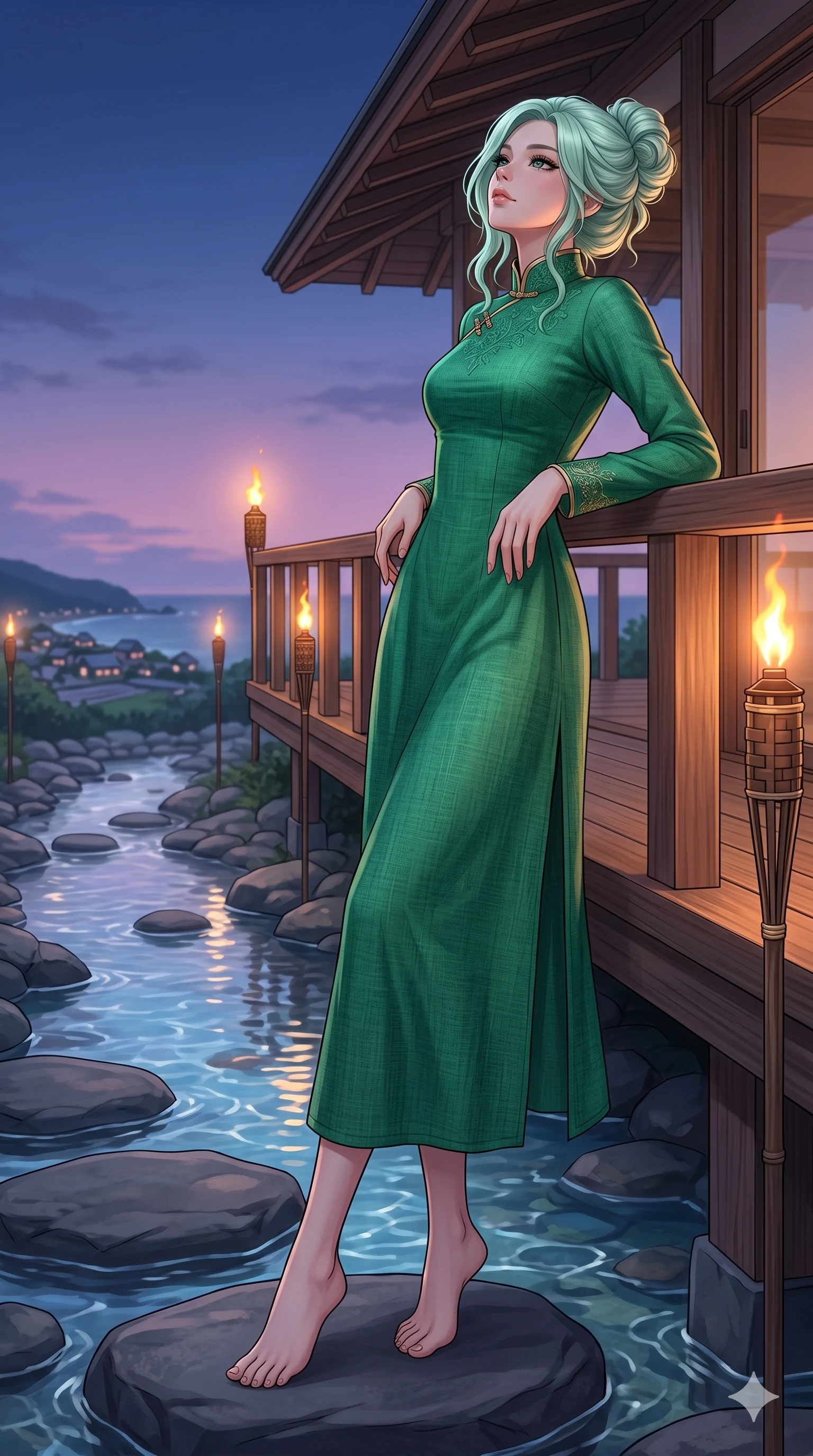 score_9, masterpiece, best quality, ultra-detailed, high-budget anime keyframe, editorial fashion photography, tasteful artistic composition, Japanese woman. low angle full-body shot from head to toe showing her feet, filling the entire 9:16 vertical frame with her statuesque presence, stretching her vertical silhouette. leaning against a beach house railing, tilting her chin up with a relaxed, self-assured expression beside a cold valley stream with crystal water and smooth basalt stepping stones (Code-P19-015). She has an absolutely perfect 8-heads proportion, an exceptionally tall and slender female figure with impossibly long slender legs and an ultra-slim waist. V-shaped jawline, high-bridge nose, intricate jewel-like eyes with depth, thick eyelashes, glossy lips with a natural sheen. wearing a modern high-neck traditional dress with long sleeves in emerald green linen. bathed in soft, warm twilight glow mixed with the amber light of beach torches, tracing her jawline. 2k, ultra detail, master piece, 9:16 ratio