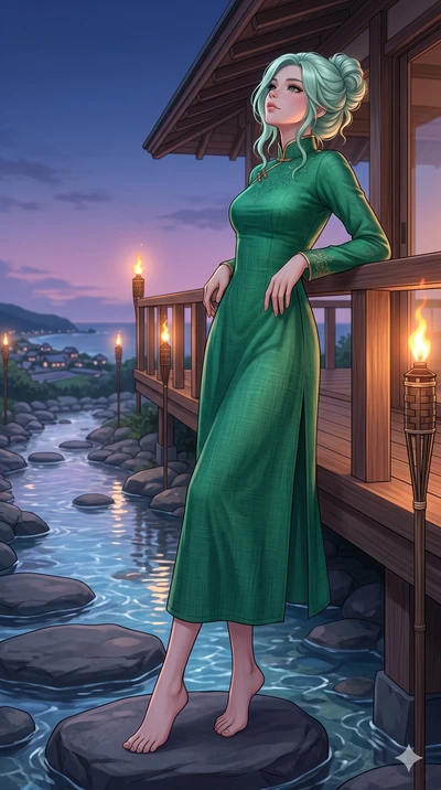 score_9, masterpiece, best quality, ultra-detailed, high-budget anime keyframe, editorial fashion photography, tasteful artistic composition, Japanese woman. low angle full-body shot from head to toe showing her feet, filling the entire 9:16 vertical