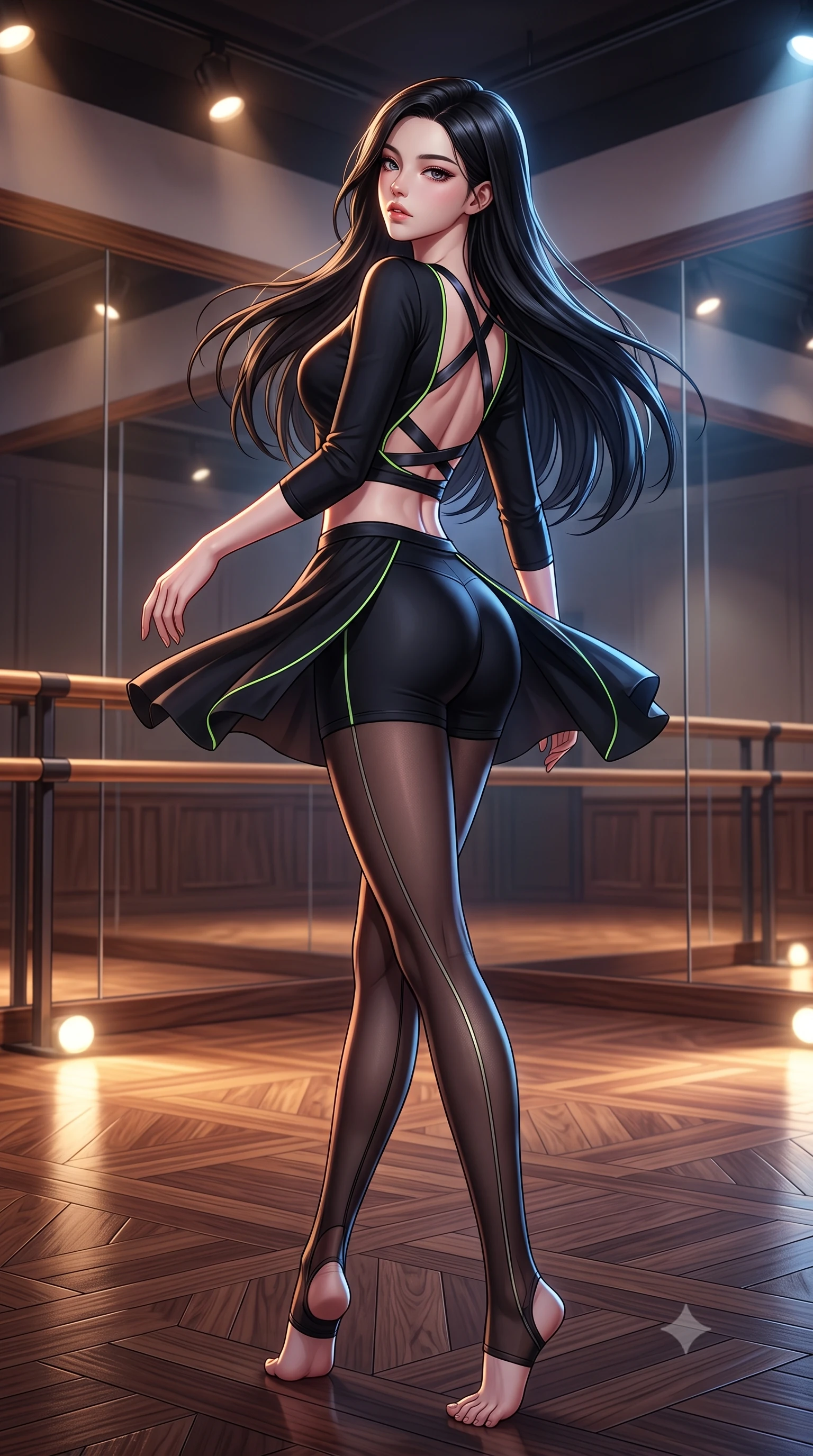 score_9, masterpiece, best quality, ultra-detailed, high-budget anime keyframe, semi-realistic 3D game render, editorial fashion photography, tasteful artistic composition, Korean woman. low angle full-body shot from head to toe showing her feet, filling the entire 9:16 vertical frame with her statuesque presence, stretching her vertical silhouette. executing an elegant mid-motion pivot turn as garments swirl around her slender limbs, glancing over her shoulder with an intoxicating bedroom-gaze while reclining on the dance studio floor propped up on one hip, head tilted back in ecstasy with parted lips as warm spotlights trace her silhouette. The surrounding environment is rendered in vivid detail and crisp panoramic clarity. sharp mirror reflection seams, polished hardwood parquet flooring, and wooden barre grain in deep focus. She has an absolutely perfect, statuesque 8.5-heads proportion, an exceptionally tall and slender model-like female figure with impossibly long slender legs, a toned flat midriff, an ultra-slim waist, and beautifully sculpted feminine hips. sharp v-shaped jawline, high-bridge nose, intricate jewel-like eyes with depth, thick eyelashes, glossy parted lips with a natural sheen, intensely captivating and seductive bedroom-eyes expression, flawlessly proportioned anatomical accuracy, strict slender model proportions, natural body alignment, perfectly sculpted long slender limbs, ultra-slim waistline, clean dynamic posture without body distortion. wearing a chic ballerina wrap top paired with form-fitting stretch shorts and sheer stirrup tights in pitch black with gloss neon piping, crafted from compression spandex sculpting her athletic hourglass lines, accented with criss-cross satin back straps framing her bare spine and hips, the second-skin form-contouring cut accentuating her sculpted flat midriff, narrow waistline, and dramatically curvy hips without adding bulk. bathed in warm floor-level uplighting and dramatic overhead theatrical spotlights. highly saturated vibrant anime colors, detailed shading with soft gradients, rich glossy textures, high-contrast stereoscopic depth, volumetric dynamic lighting, master piece, 9:16 ratio