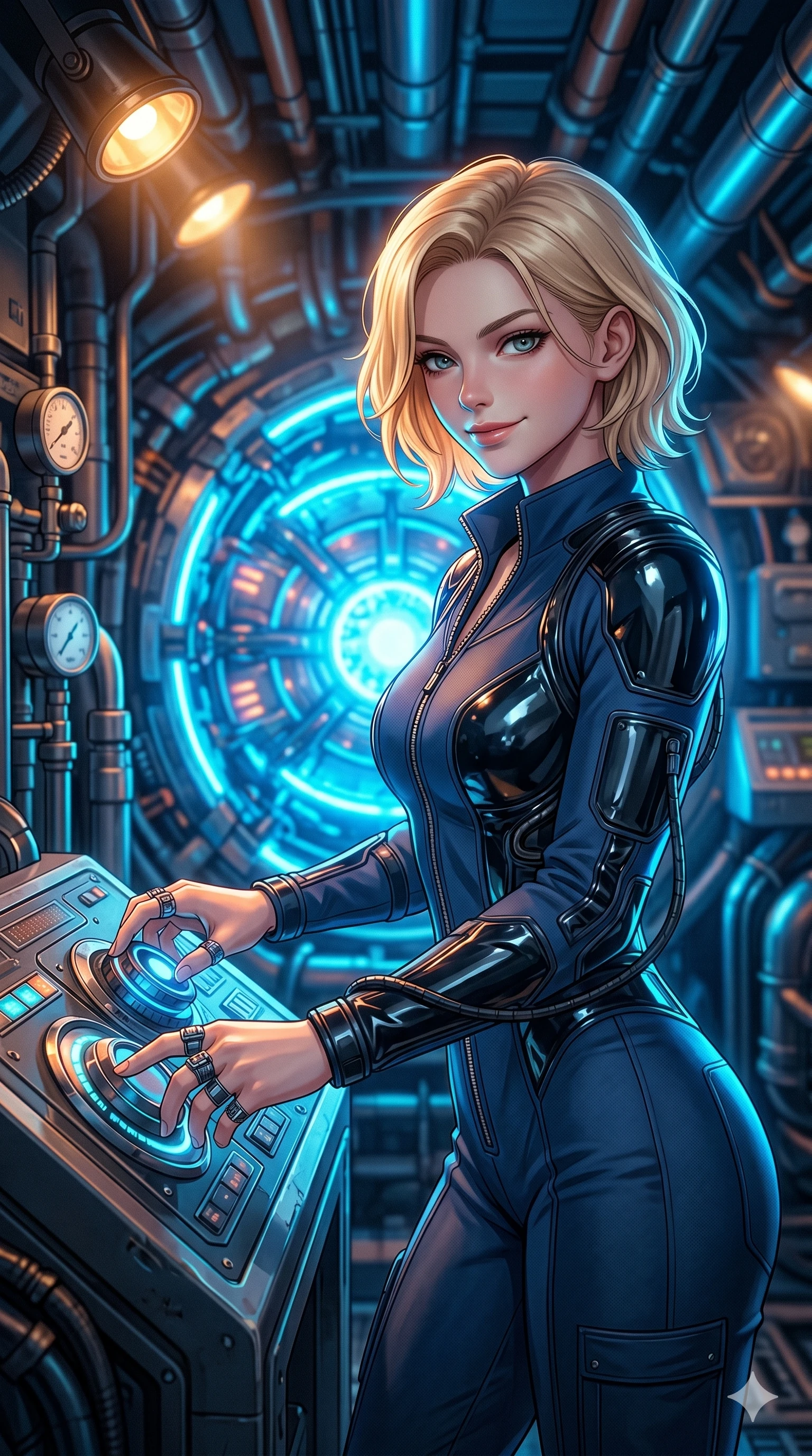 score_9, masterpiece, best quality, ultra-detailed, high-budget anime keyframe, editorial fashion photography, tasteful artistic composition, Caucasian woman, strictly human ears. Upper body close-up from the thighs up, character filling the screen for maximum presence. Inside a spacecraft engine room, checking a fusion drive, adjusting a dial, looking back with a sharp, professional smile. She is wearing a sturdy tech-jumpsuit with glossy vinyl panels, zipped down to a stylish collar. The scene is bathed in the pulsing neon blue glow of the drive and amber key lights. 2k, ultra detail, master piece, 9:16 ratio