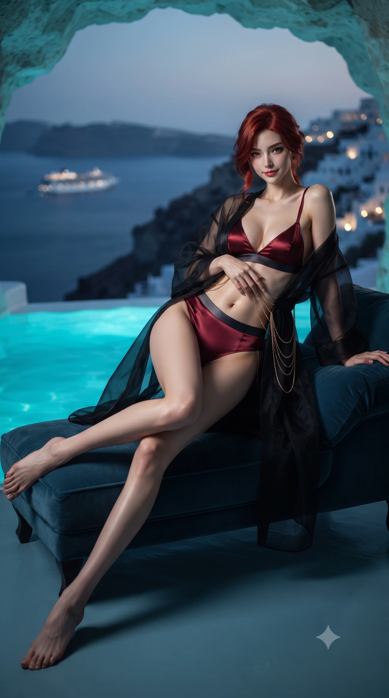 score_9, masterpiece, best quality, ultra-detailed, high-budget anime keyframe, editorial fashion photography, tasteful artistic composition, Korean woman. low angle full-body shot from head to toe showing her feet, filling the entire 9:16 vertical frame with her statuesque presence, stretching her vertical silhouette. reclining gracefully across the plush chaise lounge with one leg extended, her sculpted silhouette and flat midriff radiating magnetic nocturnal glamour while twisting her slender torso in an alluring contrapposto stance at the water's edge, molten turquoise cave pool caustics dancing across her curves. The background shows a soft-focus the vast dark Aegean Sea, distant cruise ship lights, and whitewashed cliffside village lights blurred into sapphire, gold, and turquoise bokeh. She has an absolutely perfect, statuesque 8.5-heads proportion, an exceptionally tall and slender model-like female figure with impossibly long slender legs, an ultra-slim waist, a flat toned midriff, narrow delicate ribcage, and beautifully sculpted feminine hips creating a graceful, slim hourglass silhouette without any bulky heaviness. sharp v-shaped jawline, high-bridge nose, sparkling eyes with hypnotic seductive depth, thick curled eyelashes, glossy parted lips with a natural dewy peach sheen, alluring bedroom-eyes with an enchanting coquettish smile, exuding magnetic siren charisma and sophisticated glamour, flawlessly proportioned anatomical accuracy, strict slender model proportions, natural body alignment, perfectly sculpted long slender limbs, ultra-slim waistline, clean dynamic posture without body distortion. wearing a sheer organza kimono robe worn loose and slipping off bare shoulders over a matching satin bralette and high-waisted briefs in rich cherry lacquer and smoky charcoal, crafted from fluid liquid silk satin that clings smoothly to every curve with a dewy sheen, accented with an open-back drape framed by falling strands of delicate gold chains, the glove-like clinging cut tightly following the natural contour of her hips and long slender legs with youthful 8.5-heads elegance. bathed in luminous turquoise underwater pool illumination mixed with silver harvest moonlight streaming through the cave mouth. ultra-reflective glossy finish, specular highlights, rich textural contrasts, high-contrast stereoscopic depth, volumetric dynamic lighting, 2k, ultra detail, master piece, 9:16 ratio