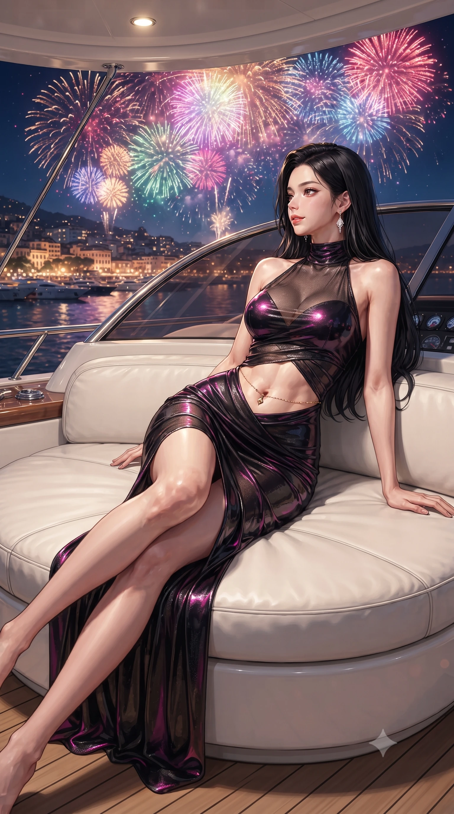 score_9, masterpiece, best quality, ultra-detailed, high-budget anime keyframe, editorial fashion photography, tasteful artistic composition, Korean woman. low angle full-body shot from head to toe showing her feet, filling the entire 9:16 vertical frame with her statuesque presence, stretching her vertical silhouette. lounging on the lavish daybed with legs crossed and hips angled toward the camera, displaying her toned midriff and long slender limbs with effortless siren poise while leaning against the flybridge windscreen with hips cocked back, looking over a bare shoulder toward colorful fireworks bursting over the harbor. The surrounding environment is rendered in vivid detail and crisp panoramic clarity: detailed plunging cowl-neck metallic gown cling, diamond earrings sparkle, and luxury yacht flybridge engineering in razor-sharp precision. She has an absolutely perfect, statuesque 8.5-heads proportion, an exceptionally tall and slender model-like female figure with impossibly long slender legs, an ultra-slim waist, a flat toned midriff, narrow delicate ribcage, and beautifully sculpted feminine hips creating a graceful, slim hourglass silhouette without any bulky heaviness. sharp v-shaped jawline, high-bridge nose, sparkling eyes with hypnotic seductive depth, thick curled eyelashes, glossy parted lips with a natural dewy peach sheen, alluring bedroom-eyes with an enchanting coquettish smile, exuding magnetic siren charisma and sophisticated glamour, flawlessly proportioned anatomical accuracy, strict slender model proportions, natural body alignment, perfectly sculpted long slender limbs, ultra-slim waistline, clean dynamic posture without body distortion. wearing a provocative high-neck sheer illusion cocktail dress with liquid satin ribbons contouring her curves in wet-look onyx black with electric magenta reflections, woven from stretch metallic lurex jersey casting radiant starlight glints across her silhouette, accented with a dainty gold belly chain resting across her flat midriff and curving hips, the second-skin tailored fabric adhering flawlessly to her sculpted flat midriff and slender torso, emphasizing her long leg lines and perfectly proportioned willowy build. illuminated by high-gloss bar surface bounce and sharp festive-gold rim lights sculpting her jawline, flat midriff, and curvy hips. ultra-reflective glossy finish, specular highlights, rich textural contrasts, high-contrast stereoscopic depth, volumetric dynamic lighting, 2k, ultra detail, master piece, 9:16 ratio