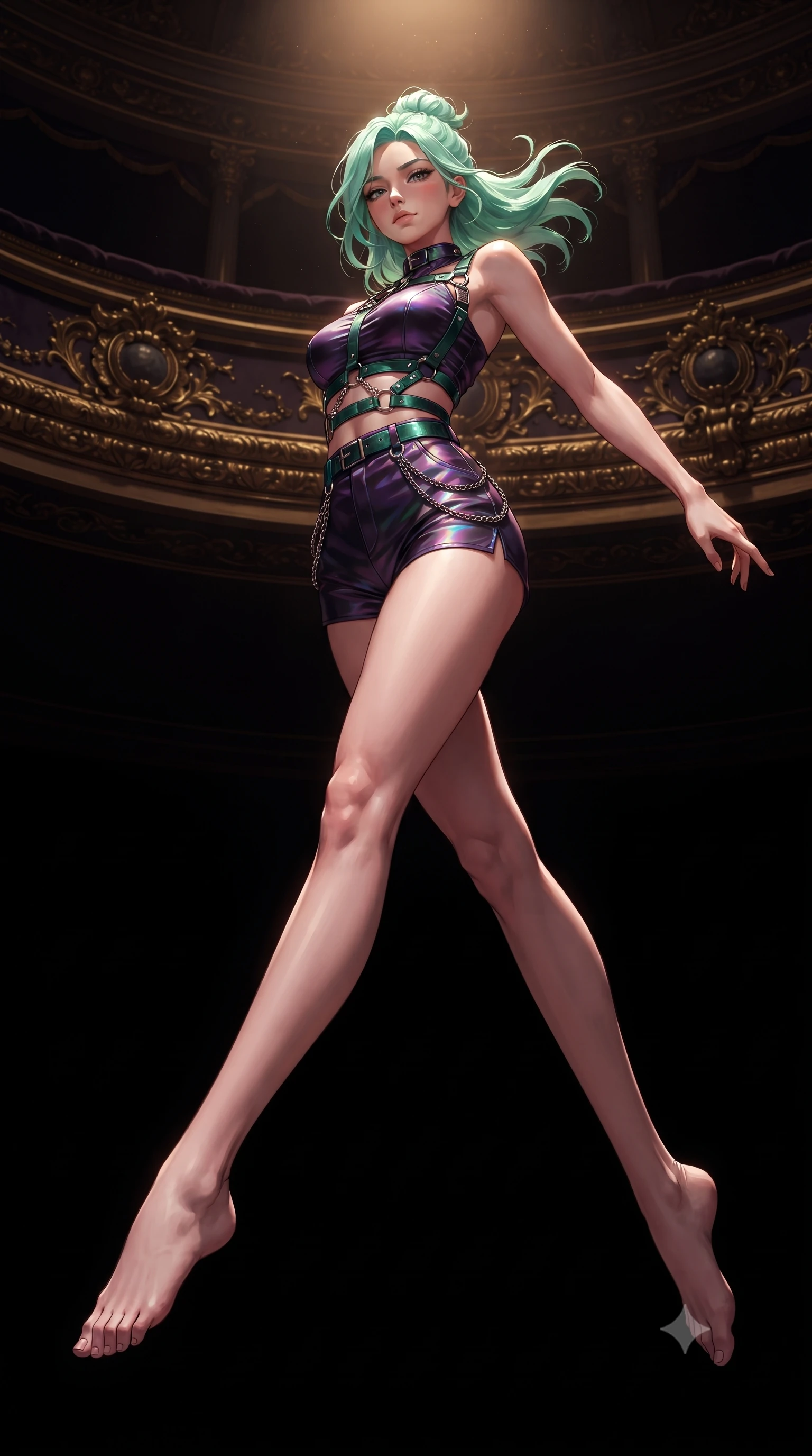 score_9, masterpiece, best quality, ultra-detailed, high-budget anime keyframe, editorial fashion photography, tasteful artistic composition, Japanese woman. low angle full-body shot from head to toe showing her feet, filling the entire 9:16 vertical frame with her statuesque presence, stretching her vertical silhouette. leaping dynamically through the pitch-black void, her posture full of power and elegance, looking down with composed elegance from a dark baroque opera balcony, elegant nocturnal elegance in her composed posture and expression. She has an absolutely perfect, statuesque 8.5-heads proportion, an exceptionally tall and slender model-like female figure with impossibly long slender legs and an ultra-slim waist. sharp v-shaped jawline, high-bridge nose, intricate jewel-like eyes with depth, thick eyelashes, glossy lips with a natural sheen. wearing high-cut micro-shorts and crop top set with dark leather harness in deep emerald green, made of iridescent dark violet taffeta, framed by dark titanium buckles and silver chain details, highlighting her statuesque proportions and ultra-slim waistline. lit by intense warm spotlight contrasting with deep dark mahogany shadows. highly saturated vibrant anime colors, detailed shading with soft gradients, rich glossy textures, high-contrast stereoscopic depth, volumetric dynamic lighting, master piece, 9:16 ratio