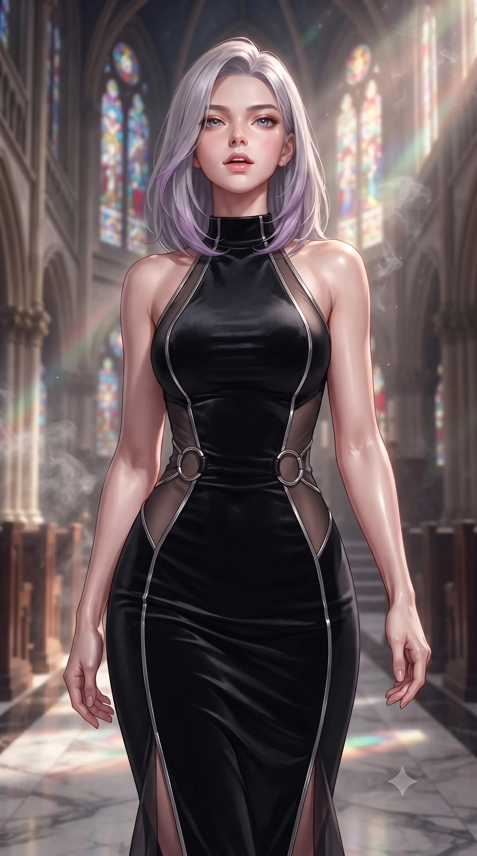 score_9, masterpiece, best quality, ultra-detailed, high-budget anime keyframe, editorial fashion photography, tasteful artistic composition, Caucasian woman. close-up cowboy shot from the waist and thighs up, the character dominates the composition, filling the frame with her large presence, background elements kept in soft focus. Tilting her chin up slightly with lips parted in a magnetic, composed expression walking down a polished marble nave lined with tall stained glass arcades, floating glass dust and incense smoke scattering colorful light beams. She has an exceptionally elegant, slender, and willowy female figure with an ultra-slim waist, a gracefully sculpted slender torso, and a refined silhouette. sharp v-shaped jawline, high-bridge nose, intricate jewel-like eyes with depth, thick eyelashes, glossy lips with a natural sheen. wearing a velvet halter-neck midi dress following her form like a glove in matte black and polished silver, woven from fine semi-opaque sheer organza, accented with delicate chrome ring hardware framing her waist, the elegant draped fit framing her graceful clavicle and slender torso. surrounded by a glowing divine aura of sunbeams and incense radiance. ultra-reflective glossy finish, specular highlights, metallic sheen, high-contrast stereoscopic depth, volumetric dynamic lighting, 2k, ultra detail, master piece, 9:16 ratio