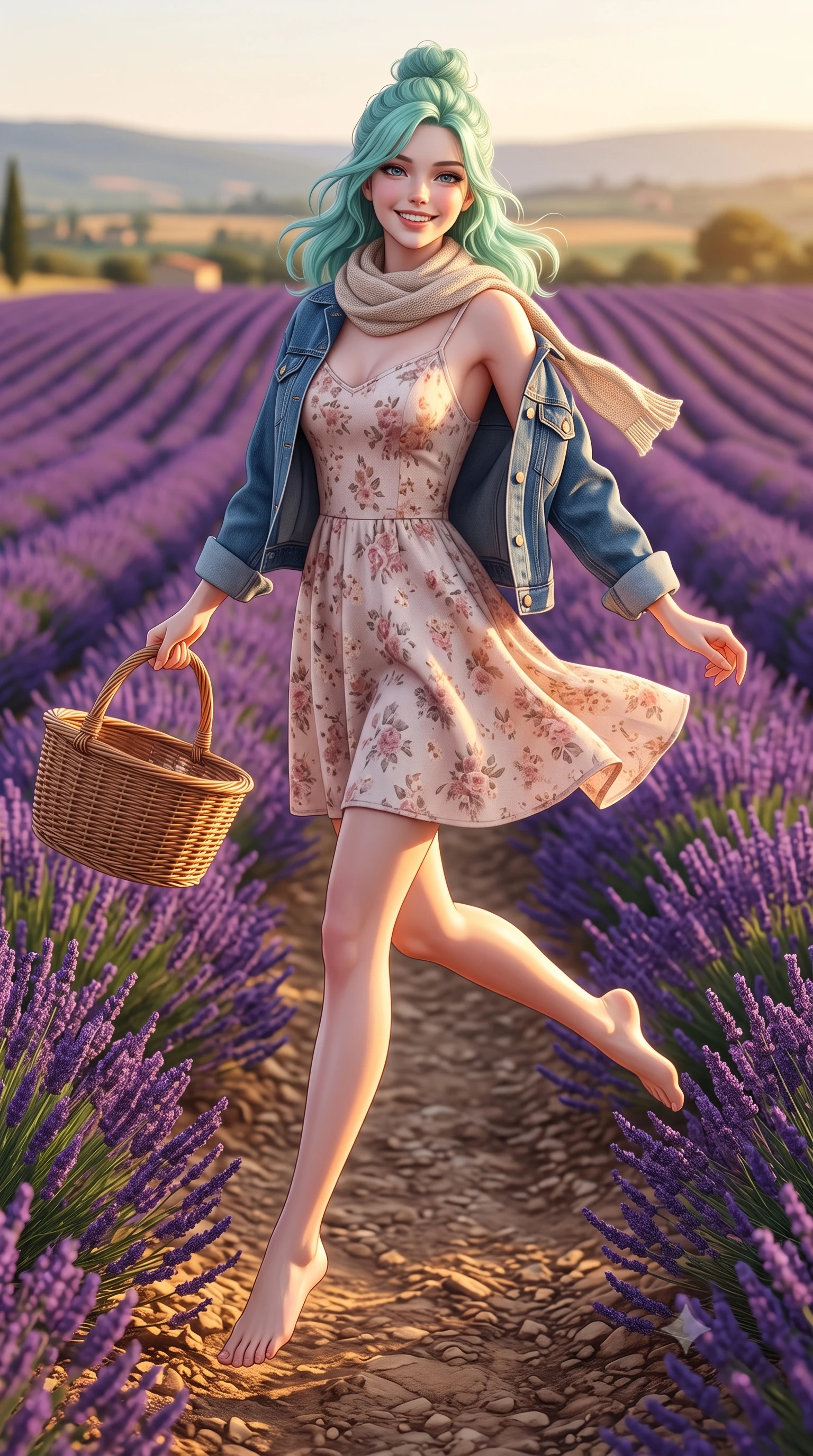 score_9, masterpiece, best quality, ultra-detailed, high-budget anime keyframe, semi-realistic 3D game render, editorial fashion photography, tasteful artistic composition, Japanese woman. low angle full-body shot from head to toe showing her feet, filling the entire 9:16 vertical frame with her statuesque presence, stretching her vertical silhouette. leaping with lighthearted youthful energy across the natural path with a dazzling bright smile and balanced athletic poise while running playfully through endless rolling rows of violet lavender under a warm golden Mediterranean sun. The surrounding environment is rendered in vivid detail and crisp panoramic clarity. textured wicker basket weaves, sun-warmed earth pathways, and picturesque Provençal landscapes in panoramic clarity. She has an absolutely perfect, statuesque 8.5-heads proportion, an exceptionally tall and slender model-like female figure with impossibly long slender legs, a toned flat midriff, and an ultra-slim waist. sharp v-shaped jawline, high-bridge nose, intricate jewel-like eyes with depth, thick eyelashes, glossy lips with a natural sheen, pure and lovely fresh girlhood expression, flawlessly proportioned anatomical accuracy, strict slender model proportions, natural body alignment, perfectly sculpted long slender limbs, ultra-slim waistline, clean dynamic posture without body distortion. wearing a classic denim jacket worn lightly over shoulders with a floral print slip dress underneath in soft dusty rose and oatmeal beige, tailored from soft pastel lightweight wool blend with subtle texture, finished with a lightweight knitted scarf draped loosely around her neck, the chic real-way fashion cut emphasizing her effortless charm, flat midriff, and slender model proportions. bathed in warm golden hour sunlight casting long romantic shadows across the purple lavender rows. highly saturated vibrant anime colors, detailed shading with soft gradients, rich glossy textures, high-contrast stereoscopic depth, volumetric dynamic lighting, master piece, 9:16 ratio