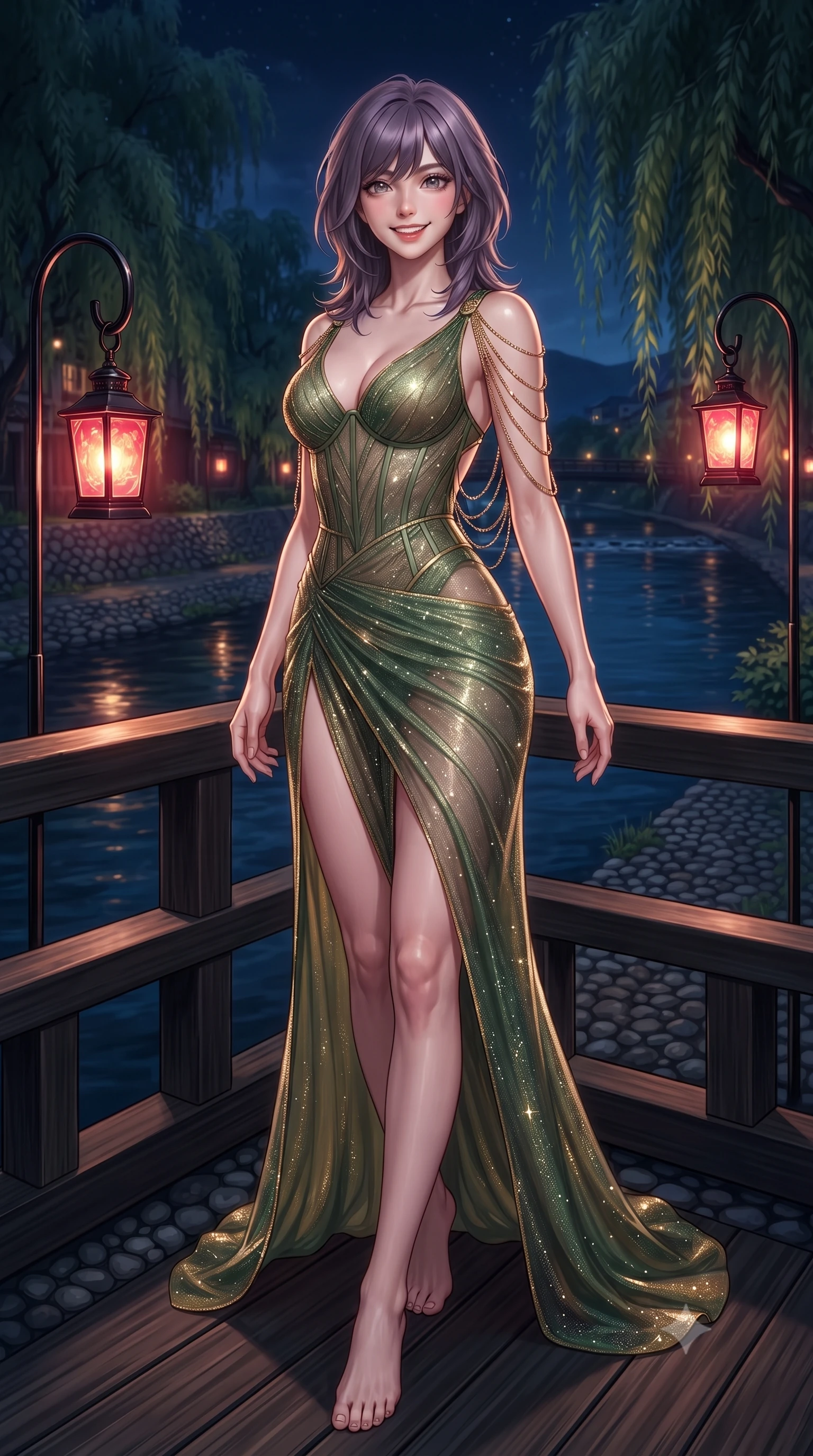 score_9, masterpiece, best quality, ultra-detailed, high-budget anime keyframe, editorial fashion photography, tasteful artistic composition, Japanese woman. low angle full-body shot from head to toe showing her feet, filling the entire 9:16 vertical frame with her statuesque presence, stretching her vertical silhouette. stepping slowly toward the camera with hypnotic grace, hips swaying in an alluring sensual rhythm that accentuates her curvy hourglass silhouette and long slender legs while standing poised on the dark cedar balcony over the Kamogawa River, arching her lower back as nocturnal river breezes ripple through weeping willows. The surrounding environment is rendered in vivid detail and crisp panoramic clarity: sharp weathered cedar decking grain, wrought-iron lantern hanging hooks, and riverbank pebble lines in deep focus. She has an exceptionally tall and slender model-like 8.5-heads proportion, an ultra-slim waist, a flat toned midriff, narrow delicate ribcage, and beautifully sculpted feminine hips creating a graceful, slim hourglass silhouette without any bulky heaviness, with impossibly long slender legs. sharp v-shaped jawline, high-bridge nose, intricate jewel-like sparkling eyes with depth, thick eyelashes, glossy parted lips with a natural peach sheen, bright cheerful beaming smile with an enchanting and coquettish sensual glint, exuding both youthful cute charm and seductive allure, flawlessly proportioned anatomical accuracy, strict slender model proportions, natural body alignment, perfectly sculpted long slender limbs, ultra-slim waistline, clean dynamic posture without body distortion. wearing an alluring sheer mesh corset gown with exposed boning and an ultra-daring hip-high leg slit in Gion antique matcha green and gilded gold leaf, woven from stretch metallic lurex jersey casting radiant starlight glints across her curves, accented with an open-back drape framed by falling strands of delicate gold chains, the second-skin tailored fabric adhering flawlessly to her sculpted flat midriff and slender torso, emphasizing her long leg lines and perfectly proportioned willowy build. bathed in the romantic crimson-gold lantern glows contrasted with cool deep-blue midnight river reflections. ultra-reflective glossy finish, specular highlights, rich textural contrasts, high-contrast stereoscopic depth, volumetric dynamic lighting, 2k, ultra detail, master piece, 9:16 ratio