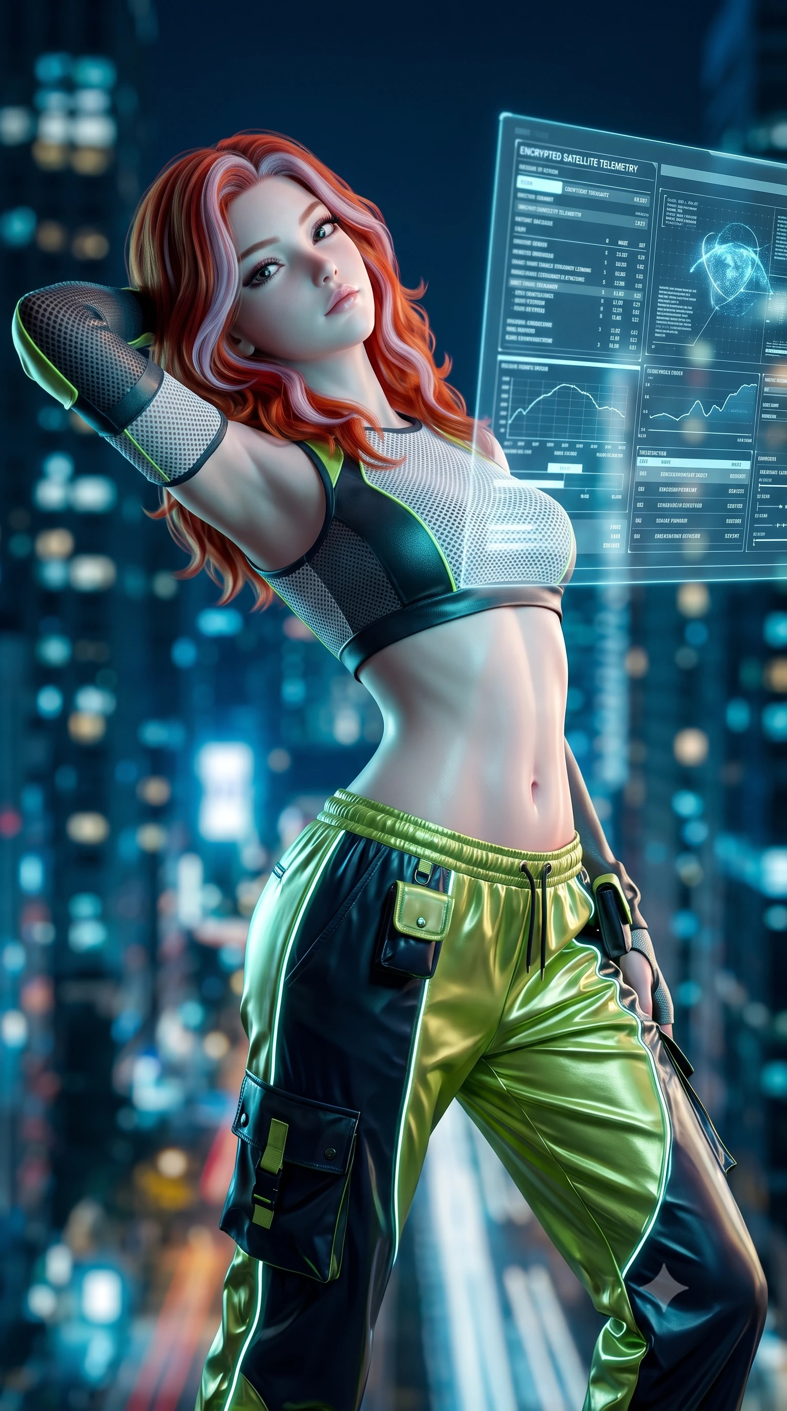 score_9, masterpiece, best quality, ultra-detailed, high-budget anime keyframe, semi-realistic 3D game render, editorial fashion photography, tasteful artistic composition, Caucasian woman. close-up cowboy shot from the waist and thighs up, the character dominates the composition, filling the frame with her large presence. tilting her chin up with proud, sovereign confidence while gazing directly into the lens with thick, dark eyelashes while arching her spine in a fluid stretch while reviewing encrypted satellite telemetry data with a calm, intellectual expression. The composition keeps background elements in soft focus with creamy bokeh. dizzying vertical cityscape traffic light trails and neon skyscrapers far below blurred into sapphire, cyan, and gold bokeh. She has an exceptionally elegant, slender, and willowy female figure with an ultra-slim waist, a gracefully sculpted slender torso, toned flat midriff, and a refined slim silhouette. sharp v-shaped jawline, high-bridge nose, intricate jewel-like eyes with depth, thick eyelashes, glossy lips with a natural sheen, captivating and magnetic expression, flawlessly proportioned anatomical accuracy, strict slender model proportions, natural body alignment, perfectly sculpted long slender limbs, ultra-slim waistline, clean dynamic posture without body distortion. wearing a sporty Y2K mesh-paneled crop top with asymmetrical sleeve warmers and low-slung metallic track pants in acid lime green and dark obsidian, made of breathable technical athletic mesh and liquid-finish track nylon, finished with glowing fiber-optic seam piping and miniature utility pouches edition #12, the liquid-tight tailored fabric emphasizing every curve of her tall, slender model proportions and sculptured silhouette during dynamic movement. bathed in ambient cyan and ice-blue holographic screen glow combined with midnight city skylight. highly saturated vibrant anime colors, detailed shading with soft gradients, rich glossy textures, high-contrast stereoscopic depth, volumetric dynamic lighting, master piece, 9:16 ratio
