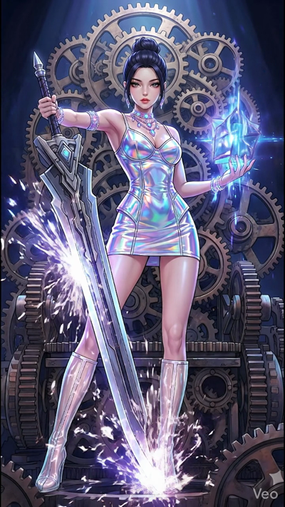 A grand cinematic shot of a warrior woman in a shimmering iridescent silver dress standing before massive rotating brass gears. She holds a colossal sci-fi broadsword that emits bright sparks. In her other hand, a glowing geometric holographic cube r