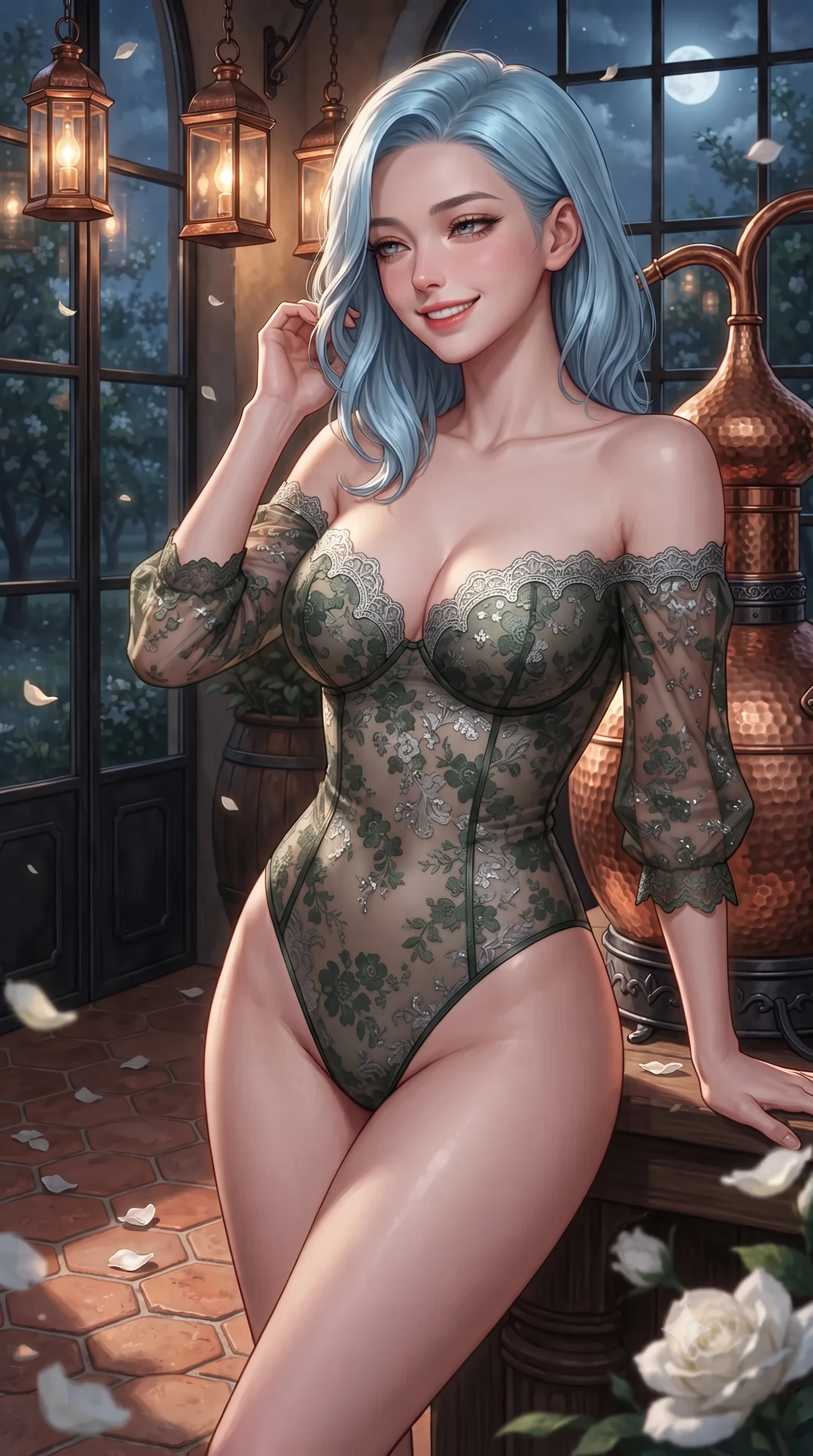 score_9, masterpiece, best quality, ultra-detailed, high-budget anime keyframe, editorial fashion photography, tasteful artistic composition, Korean woman. close-up cowboy shot from the waist and thighs up, the character dominates the composition, filling the frame with her large presence. gently brushing a lock of hair behind her ear while casting a playful, flirtatious side-gaze with long eyelashes while leaning against the antique hammered copper cider alembic with hips cocked back, looking into moonlit orchard rows with heavy-lidded bedroom-eyes. The surrounding environment is rendered in vivid detail and crisp panoramic clarity: sharp hand-forged iron orangery window frames, antique terracotta hexagonal pavers, and velvety white flower petals in deep focus. She has an exceptionally elegant, slender, and willowy female figure with an ultra-slim waist, flat toned midriff, narrow ribcage, and sculpted feminine hips creating an alluring, slim hourglass silhouette without bulk. sharp v-shaped jawline, high-bridge nose, intricate jewel-like sparkling eyes with depth, thick eyelashes, glossy parted lips with a natural peach sheen, bright cheerful beaming smile with an enchanting and coquettish sensual glint, exuding both youthful cute charm and seductive allure, flawlessly proportioned anatomical accuracy, strict slender model proportions, natural body alignment, perfectly sculpted long slender limbs, ultra-slim waistline, clean dynamic posture without body distortion. wearing an off-the-shoulder sheer-illusion lace bodysuit with strategic floral flocking and high-cut leg openings in Loch Ness deep peat moss green and silver starlight, crafted from translucent silk organza with an ethereal crystalline sheen, finished with scalloped eyelash lace trim framing her sweetheart neckline with intimate elegance, the form-contouring silhouette accentuating her sculpted flat midriff, narrow delicate ribcage, and gracefully curvy hips with intoxicating allure. bathed in the warm 2500K glow of hanging copper lantern sconces combined with silver moonlight through glass. ultra-reflective glossy finish, specular highlights, rich textural contrasts, high-contrast stereoscopic depth, volumetric dynamic lighting, 2k, ultra detail, master piece, 9:16 ratio