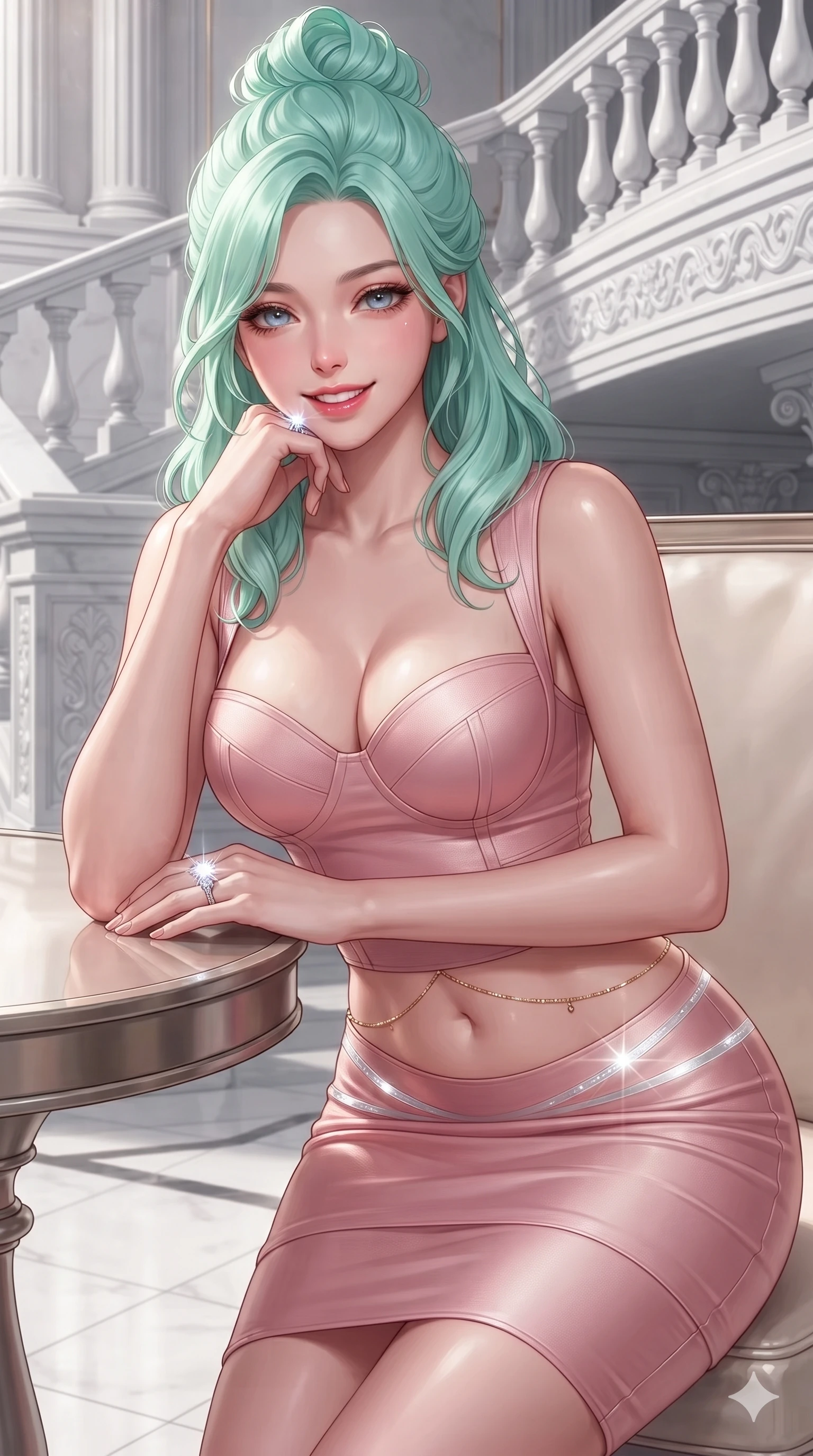 score_9, masterpiece, best quality, ultra-detailed, high-budget anime keyframe, editorial fashion photography, tasteful artistic composition, Japanese woman. close-up cowboy shot from the waist and thighs up, the character dominates the composition, filling the frame with her large presence. resting one elbow on the table and supporting her chin, leaning close to the camera with heavy-lidded sparkling eyes and parted lips while twisting her slender torso in an alluring S-curve, celestial diamond starlight and platinum ring glows casting silver light ribbons across her flat midriff and hourglass curves. The surrounding environment is rendered in vivid detail and crisp panoramic clarity: sharp white Carrara marble balustrade carvings, polished platinum ring bevels, and razor-sharp star points in deep focus. She has an exceptionally elegant, slender, and willowy female figure with an ultra-slim waist, flat toned midriff, narrow ribcage, and sculpted feminine hips creating an alluring, slim hourglass silhouette without bulk. sharp v-shaped jawline, high-bridge nose, intricate jewel-like sparkling eyes with depth, thick eyelashes, glossy parted lips with a natural peach sheen, bright cheerful beaming smile with an enchanting and coquettish sensual glint, exuding both youthful cute charm and seductive allure, flawlessly proportioned anatomical accuracy, strict slender model proportions, natural body alignment, perfectly sculpted long slender limbs, ultra-slim waistline, clean dynamic posture without body distortion. wearing a dense bandage knit cocktail dress with sweetheart neckline hugging her delicate ribcage and feminine hips in Solaris liquid rose-quartz and alien peach, crafted from fluid liquid silk satin that clings smoothly to her narrow waist and rounded hips with a dewy sheen, accented with a dainty gold belly chain resting across her flat midriff and curving hips, the bespoke structured tailoring following the natural line of her 8.5-heads silhouette with refined elegance. illuminated by white marble floor bounce and sharp diamond-platinum rim lights defining her razor-sharp jawline, narrow waist, and curvy hips. ultra-reflective glossy finish, specular highlights, rich textural contrasts, high-contrast stereoscopic depth, volumetric dynamic lighting, 2k, ultra detail, master piece, 9:16 ratio