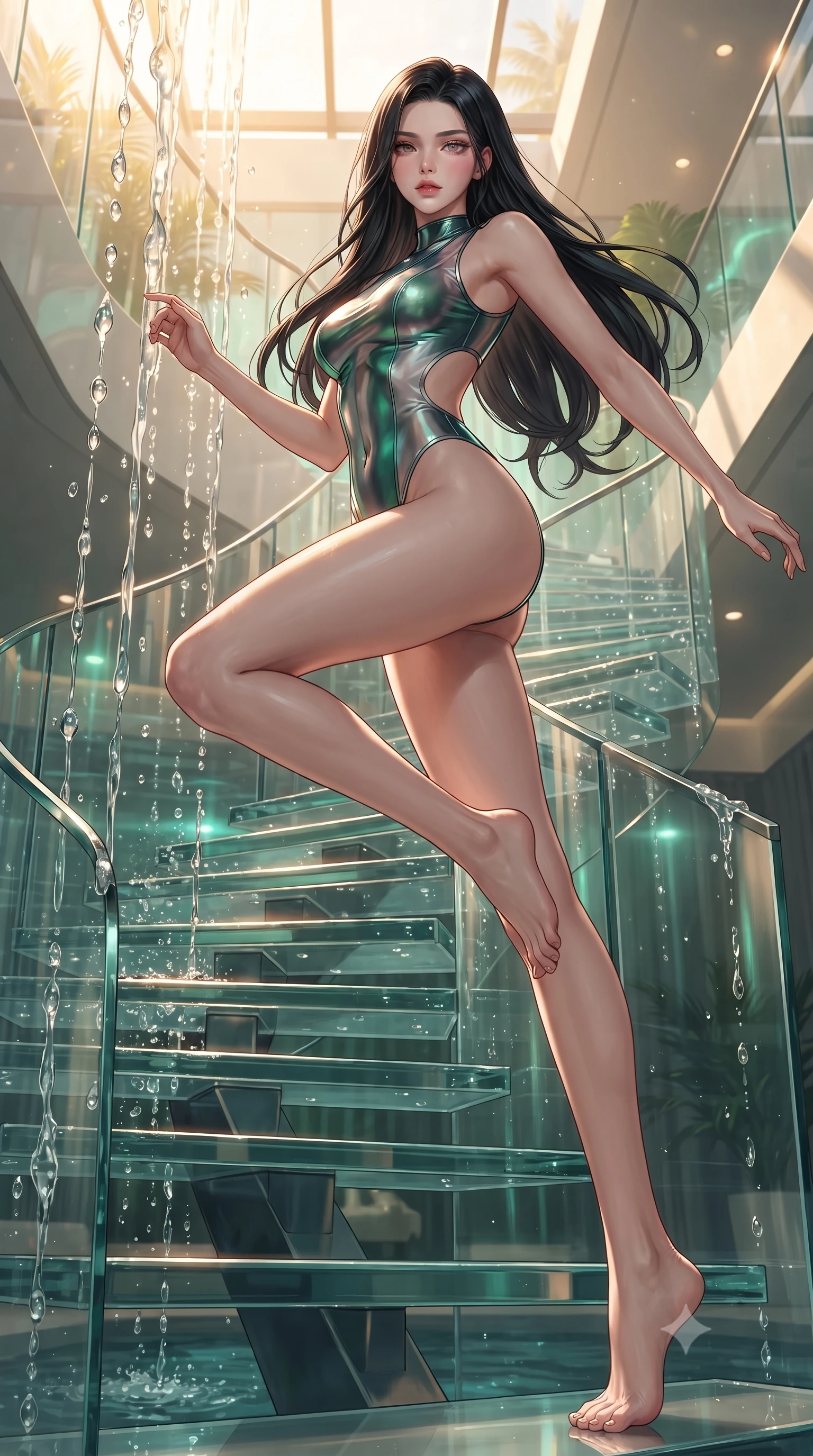score_9, masterpiece, best quality, ultra-detailed, high-budget anime keyframe, editorial fashion photography, tasteful artistic composition, Korean woman. low angle full-body shot from head to toe showing her feet, filling the entire 9:16 vertical frame with her statuesque presence, stretching her vertical silhouette. forging dynamically through the scene, her vertical silhouette beautifully stretched ascending a vertical spiral glass staircase enveloped by tropical sunbeams, translucent water droplets cascading down platinum fountains. She has an absolutely perfect, statuesque 8.5-heads proportion, an exceptionally tall and slender model-like female figure with impossibly long slender legs and an ultra-slim waist. sharp v-shaped jawline, high-bridge nose, intricate jewel-like eyes with depth, thick eyelashes, glossy lips with a natural sheen. wearing a high-cut translucent vinyl leotard with front paneling and open back in deep emerald green and silver accent, crafted from iridescent chiffon that shifts colors in the light, featuring clean architectural cutouts along her slender torso, the sleek second-skin texture accentuating her magnetic presence. bathed in warm golden sunlight and soft emerald bioluminescent glow. ultra-reflective glossy finish, specular highlights, metallic sheen, high-contrast stereoscopic depth, volumetric dynamic lighting, 2k, ultra detail, master piece, 9:16 ratio