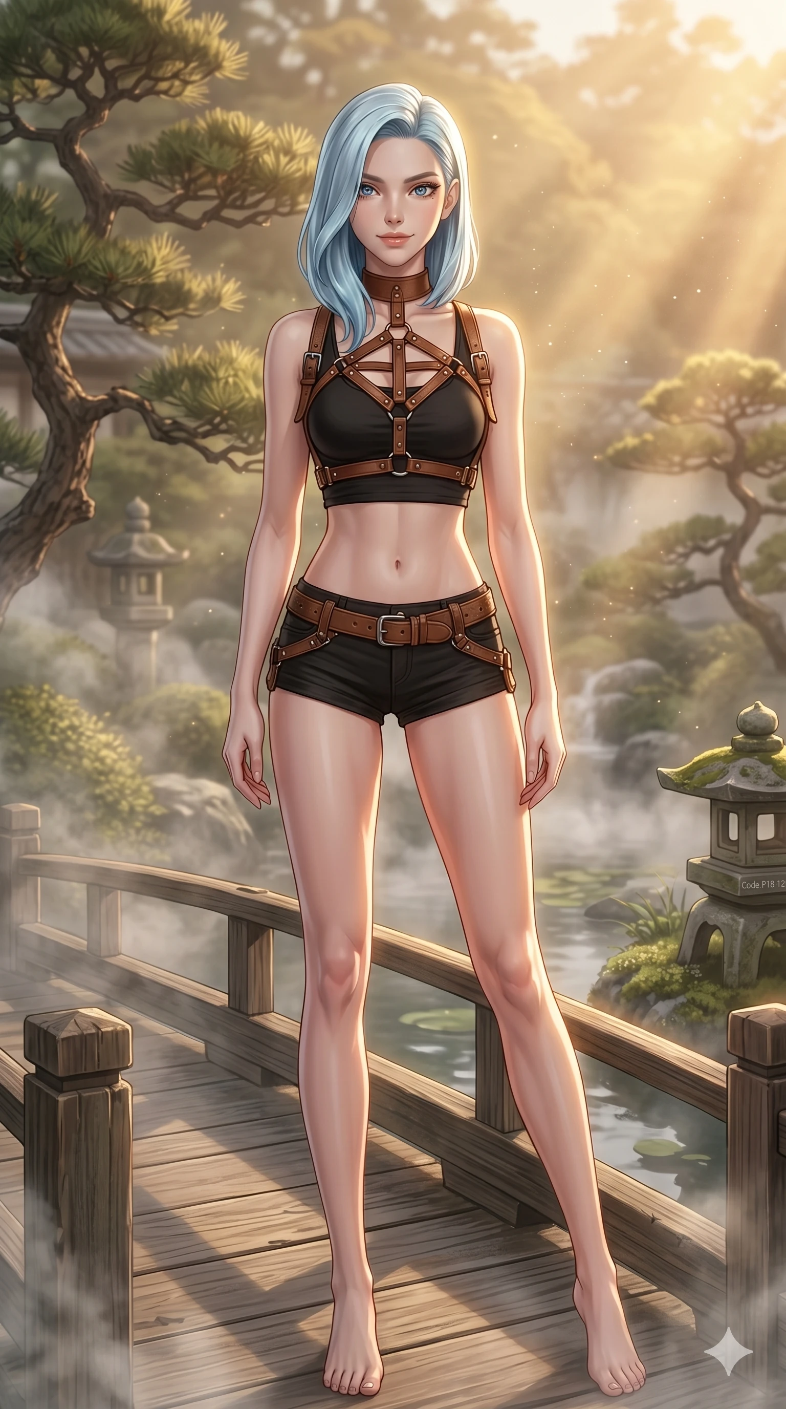 score_9, masterpiece, best quality, ultra-detailed, high-budget anime keyframe, editorial fashion photography, tasteful artistic composition, Korean woman. cowboy shot from the thighs up, character and outfit filling the frame for maximum editorial presence. posing with quiet magnetic self-assurance, looking directly into the lens with a grin on a wooden bridge in a traditional Japanese garden with mist rising softly (Code-P18-128). She has an absolutely perfect 8-heads proportion, an exceptionally tall and slender female figure with impossibly long slender legs and an ultra-slim waist. V-shaped jawline, high-bridge nose, intricate jewel-like eyes with depth, thick eyelashes, glossy lips with a natural sheen. wearing a leather harness over crop top and micro-shorts. bathed in warm golden afternoon sunbeams, casting a warm glowing aura on her. 2k, ultra detail, master piece, 9:16 ratio