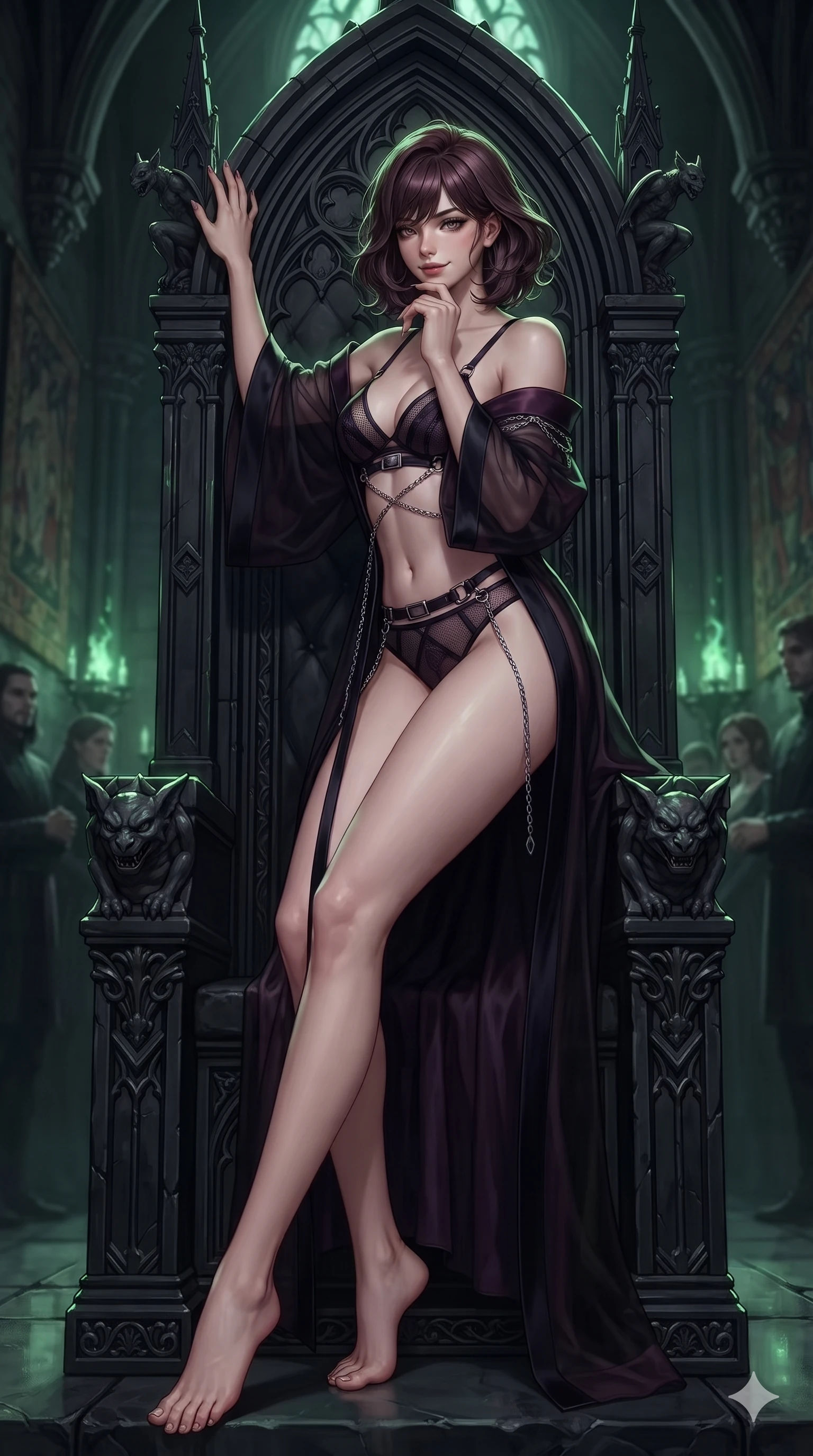 score_9, masterpiece, best quality, ultra-detailed, high-budget anime keyframe, editorial fashion photography, tasteful artistic composition, Caucasian woman. low angle full-body shot from head to toe showing her feet, filling the entire 9:16 vertical frame with her statuesque presence, stretching her vertical silhouette. standing tall beside the towering gothic arch, one hand resting high while arching her lower back to emphasize her sculpted feminine curves while seated sideways on the obsidian throne arm with one leg extended, resting her chin on long manicured fingers with regal dark dominance. The background shows a soft-focus dark royal court audience hall softened in regal gothic shallow focus. She has an absolutely perfect, statuesque 8.5-heads proportion, an exceptionally tall and slender model-like female figure with impossibly long slender legs, an ultra-slim waist, a flat toned midriff, narrow delicate ribcage, and beautifully sculpted feminine hips creating a graceful, slim hourglass silhouette without any bulky heaviness. sharp v-shaped jawline, high-bridge nose, intricate jewel-like dark sparkling eyes with hypnotic seductive depth, thick curled eyelashes, glossy parted lips with a natural wine sheen, alluring bedroom-eyes with an enigmatic smoldering smile, exuding magnetic sovereign charisma and dark avant-garde glamour, flawlessly proportioned anatomical accuracy, strict slender model proportions, natural body alignment, perfectly sculpted long slender limbs, ultra-slim waistline, clean dynamic posture without body distortion. wearing a sheer gossamer organza evening kimono slipping off bare shoulders over a matching satin micro-bralette and briefs in obsidian black and dark plum violet, crafted from fine dark contouring mesh with sheer geometric transparency, framed by dark titanium buckles and silver chain details, the bespoke structured tailoring following the natural line of her 8.5-heads silhouette with refined elegance. lit by regal theatrical key light and dramatic green firelight casting eerie specular highlights across obsidian surfaces. ultra-reflective glossy finish, specular highlights, metallic sheen, high-contrast stereoscopic depth, volumetric dynamic lighting, 2k, ultra detail, master piece, 9:16 ratio