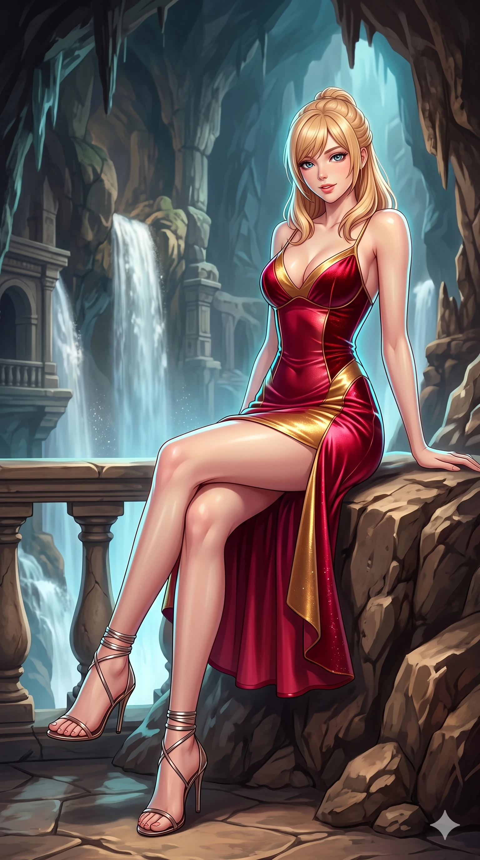 score_9, masterpiece, best quality, ultra-detailed, high-budget anime keyframe, semi-realistic 3D game render, editorial fashion photography, tasteful artistic composition, Caucasian woman. low angle full-body shot from head to toe showing her feet, filling the entire 9:16 vertical frame with her statuesque presence, stretching her vertical silhouette. leaning deep against the balcony balustrade with hips cocked back in an unapologetically alluring high-fashion stance, casting an intoxicating glance while sitting gracefully on the rock outcropping with legs crossed, flashing a playful, flirtatious smile with parted glossy lips. The surrounding environment is rendered in vivid detail and crisp panoramic clarity: detailed garment styling, vibrant anime shading, and monumental underground cavern scale in high resolution. She has an exceptionally tall and slender model-like 8.5-heads proportion, an ultra-slim waist, a flat toned midriff, narrow delicate ribcage, and beautifully sculpted feminine hips creating a graceful, slim hourglass silhouette without any bulky heaviness, with impossibly long slender legs. sharp v-shaped jawline, high-bridge nose, intricate jewel-like sparkling eyes with depth, thick eyelashes, glossy parted lips with a natural peach sheen, bright cheerful beaming smile with an enchanting and coquettish sensual glint, exuding both youthful cute charm and seductive allure, flawlessly proportioned anatomical accuracy, strict slender model proportions, natural body alignment, perfectly sculpted long slender limbs, ultra-slim waistline, clean dynamic posture without body distortion. wearing a sculpted liquid satin bias-cut slip dress tailored with contouring seams that adhere flawlessly over her curves in royal opera crimson velvet and burnished gold, woven from stretch metallic lurex jersey casting radiant starlight glints across her curves, complemented by strappy stiletto sandals with metallic ankle wraps accentuating her slender calves, the bespoke structured tailoring following the natural line of her 8.5-heads silhouette with refined elegance. illuminated by waterfall spray bounce and sharp cyan-white rim lights defining her jawline, narrow waist, and curvy hips. highly saturated vibrant anime colors, detailed shading with soft gradients, rich glossy textures, high-contrast stereoscopic depth, volumetric dynamic lighting, master piece, 9:16 ratio