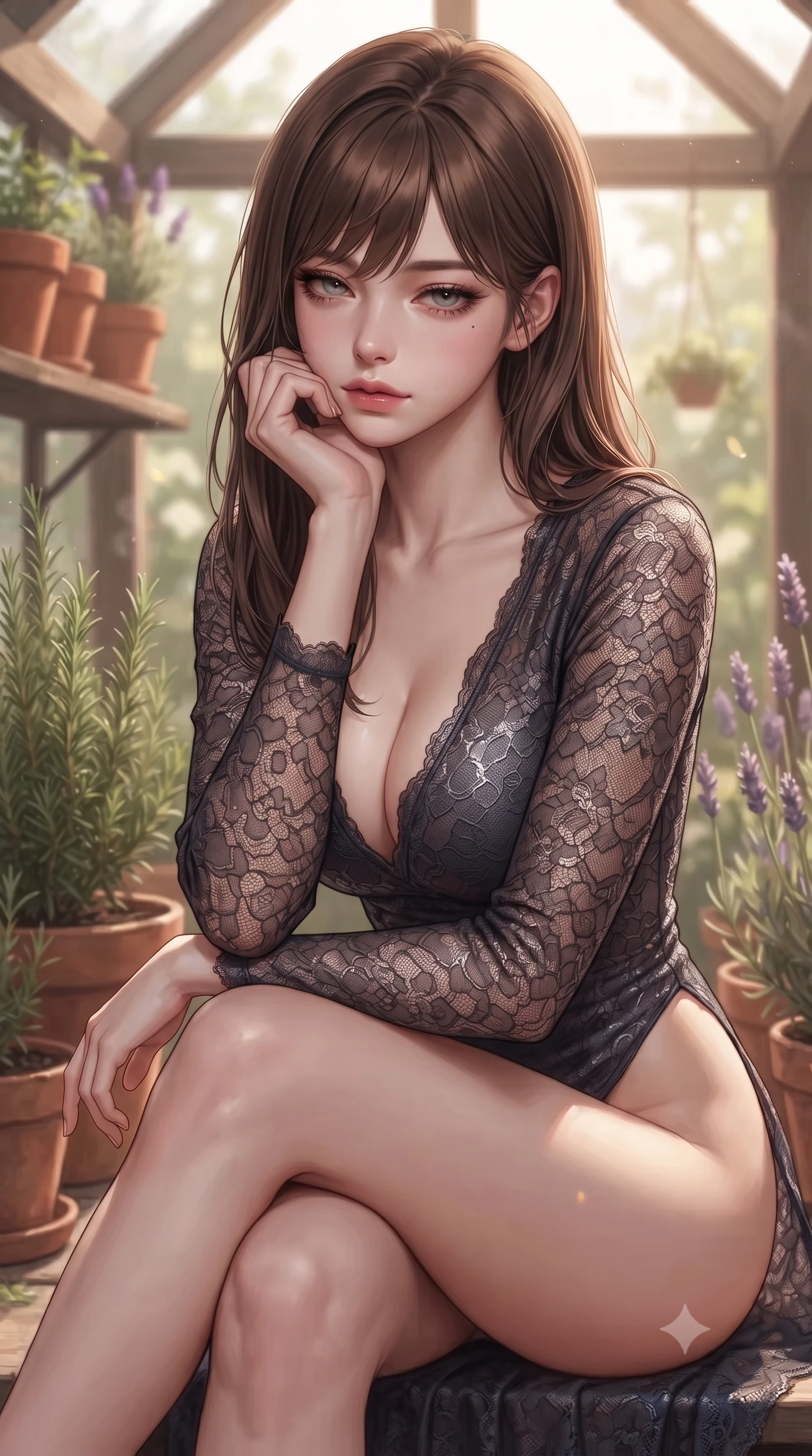 score_9, masterpiece, best quality, ultra-detailed, high-budget anime keyframe, editorial fashion photography, tasteful artistic composition, Korean woman woman. close-up cowboy shot from the waist and thighs up, the character dominates the composition, filling the frame with her large presence, background elements kept in soft focus. resting her chin on the backs of her fingers, casting a heavy-lidded, sultry look past the camera the background shows a soft-focus a cozy garden greenhouse, surrounded by terracotta pots, rosemary, and lavender. She has an exceptionally elegant, slender, and willowy female figure with an ultra-slim waist, a gracefully sculpted slender torso, and a refined silhouette. sharp v-shaped jawline, high-bridge nose, intricate jewel-like eyes with depth, thick eyelashes, glossy lips with a natural sheen. wearing a tailored semi-opaque dark lace dress with a plunging neckline and high-cut leg line. warm, diffused daylight creating a quiet and productive mood. ultra-reflective glossy finish, specular highlights, metallic sheen, high-contrast stereoscopic depth, volumetric dynamic lighting, 2k, ultra detail, master piece, 9:16 ratio
