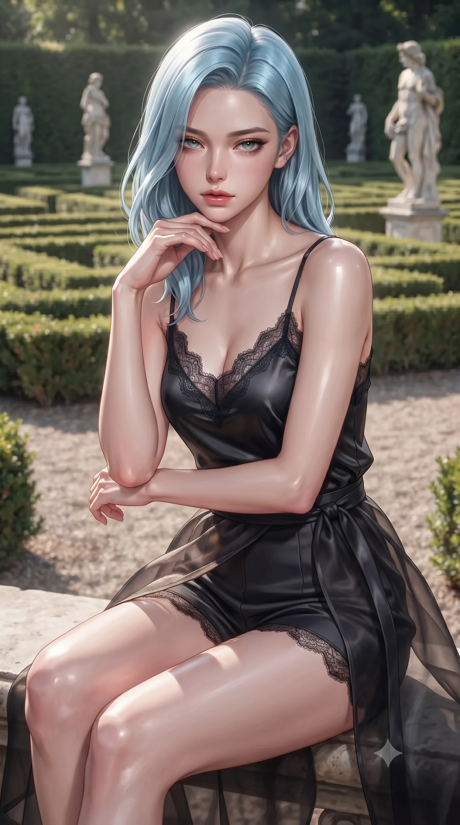 score_9, masterpiece, best quality, ultra-detailed, high-budget anime keyframe, editorial fashion photography, tasteful artistic composition, Korean woman woman. close-up cowboy shot from the waist and thighs up, the character dominates the composition, filling the frame with her large presence, background elements kept in soft focus. resting her chin on the backs of her fingers, casting a heavy-lidded, sultry look past the camera the background shows a soft-focus a garden with structured hedge mazes, marble statues, and gravel paths of an old estate. She has an exceptionally elegant, slender, and willowy female figure with an ultra-slim waist, a gracefully sculpted slender torso, and a refined silhouette. sharp v-shaped jawline, high-bridge nose, intricate jewel-like eyes with depth, thick eyelashes, glossy lips with a natural sheen. wearing a tailored delicate lace-trim camisole in black silk, paired with a sheer organza wrap skirt and shorts. soft morning sunrays casting elegant shadows of the statues and hedges. ultra-reflective glossy finish, specular highlights, metallic sheen, high-contrast stereoscopic depth, volumetric dynamic lighting, 2k, ultra detail, master piece, 9:16 ratio