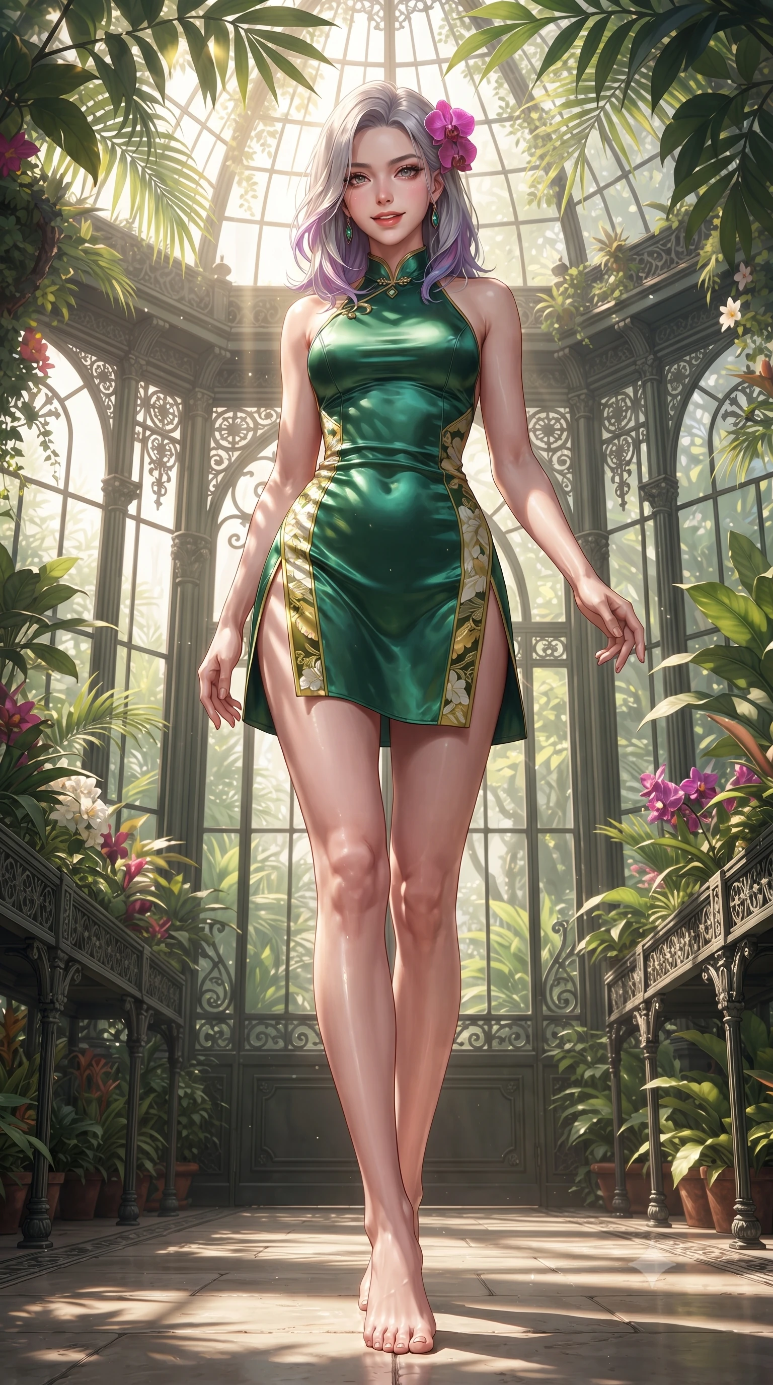 score_9, masterpiece, best quality, ultra-detailed, high-budget anime keyframe, editorial fashion photography, tasteful artistic composition, Caucasian woman. low angle full-body shot from head to toe showing her feet, filling the entire 9:16 vertical frame with her statuesque presence, stretching her vertical silhouette. stepping slowly toward the camera with hypnotic grace, hips swaying in an alluring sensual rhythm that accentuates her curvy hourglass silhouette and long slender legs while twisting her slender torso in an alluring contrapposto stance, dramatic leaf-shadow patterns dancing across her narrow waist and hips. The surrounding environment is rendered in vivid detail and crisp panoramic clarity: detailed linen crop top texture, dewy skin glow, and heritage greenhouse engineering in razor-sharp precision. She has an absolutely perfect, statuesque 8.5-heads proportion, an exceptionally tall and slender model-like female figure with impossibly long slender legs, an ultra-slim waist, a flat toned midriff, narrow delicate ribcage, and beautifully sculpted feminine hips creating a graceful, slim hourglass silhouette without any bulky heaviness. sharp v-shaped jawline, high-bridge nose, sparkling eyes with hypnotic seductive depth, thick curled eyelashes, glossy parted lips with a natural dewy peach sheen, alluring bedroom-eyes with an enchanting coquettish smile, exuding magnetic siren charisma and sophisticated glamour, flawlessly proportioned anatomical accuracy, strict slender model proportions, natural body alignment, perfectly sculpted long slender limbs, ultra-slim waistline, clean dynamic posture without body distortion. wearing a slinky backless halterneck column mini dress in shimmering liquid emerald satin with deep side leg slits in sunlit daisy yellow and gardenia cream with olive accents, tailored from ultra-plush velvet with rich tactile depth and deep shadow gradients, accented with a fresh-bloomed exotic magenta orchid tucked gracefully into her dark glossy hair, the precision-cut side openings and low-back scoop framing her graceful spine and the sensual sweep of her slim, toned hips. bathed in vertical shafts of bright morning sun penetrating the dense botanical canopy. ultra-reflective glossy finish, specular highlights, rich textural contrasts, high-contrast stereoscopic depth, volumetric dynamic lighting, 2k, ultra detail, master piece, 9:16 ratio