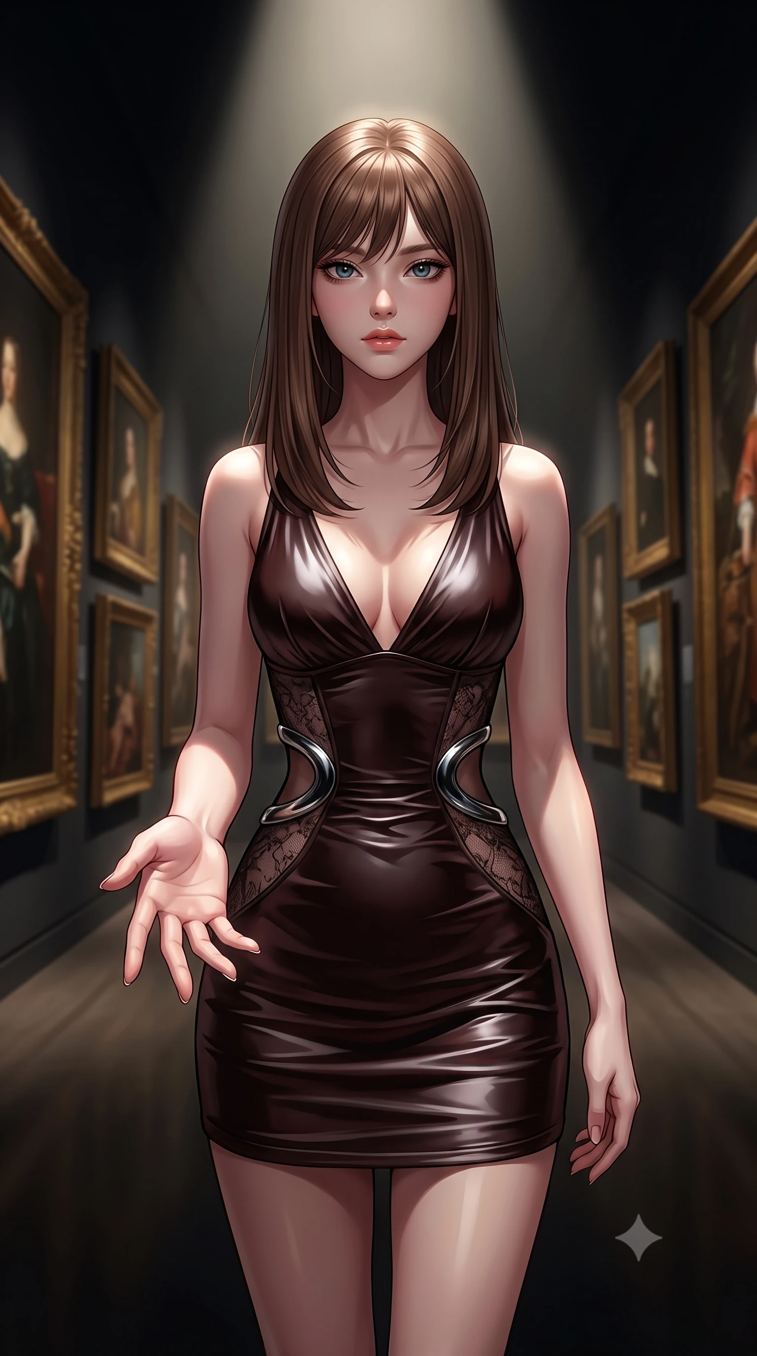 score_9, masterpiece, best quality, ultra-detailed, high-budget anime keyframe, editorial fashion photography, tasteful artistic composition, Korean woman. close-up cowboy shot from the waist and thighs up, the character dominates the composition, filling the frame with her large presence, background elements kept in soft focus. Reaching one hand toward the viewer with relaxed sensual elegance, navigating a dimly lit gallery corridor with gold-framed masterwork paintings, dramatic chiaroscuro lighting projecting sharp sculptural shadows on the floor. She has an exceptionally elegant, slender, and willowy female figure with an ultra-slim waist, a gracefully sculpted slender torso, and a refined silhouette. sharp v-shaped jawline, high-bridge nose, intricate jewel-like eyes with depth, thick eyelashes, glossy lips with a natural sheen. wearing deep V-neck corset bodice mini dress with sheer dark lace panels in dark mahogany, made of liquid dark mercury jersey, accented with sculpted obsidian chrome rings at the waist, highlighting her statuesque proportions and ultra-slim waistline. illuminated by a single dramatic theatrical spotlight from directly overhead. highly saturated vibrant anime colors, detailed shading with soft gradients, rich glossy textures, high-contrast stereoscopic depth, volumetric dynamic lighting, master piece, 9:16 ratio